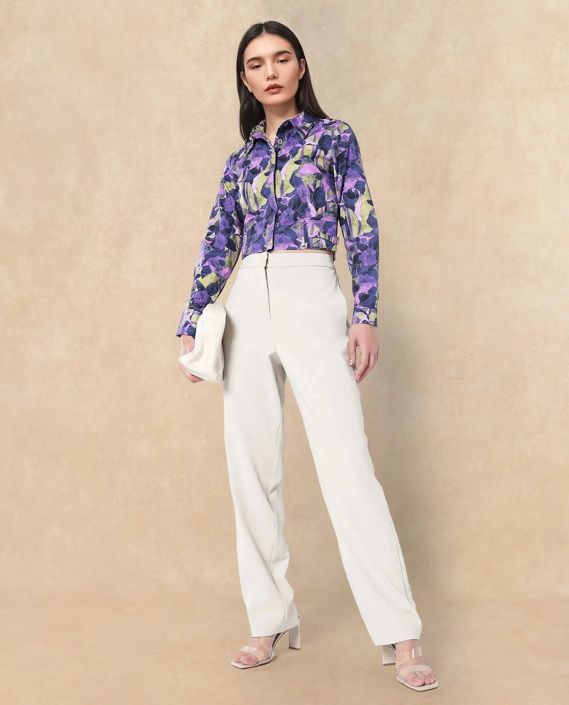 Rareism Women Gistero Multi Cuffed Sleeve Collared Neck Button Closure Cropped Printed Top