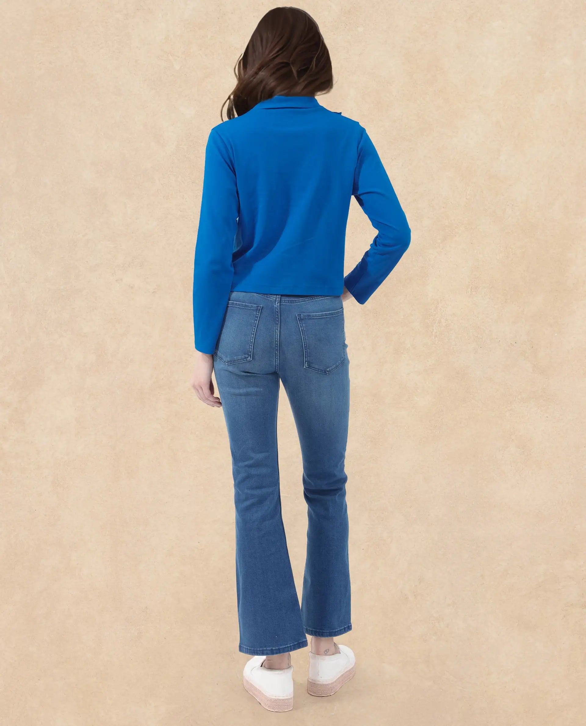 Rareism Women Gojo Blue Cotton Fabric Full Sleeve Collared Neck Button Closure Solid Regular Fit Top