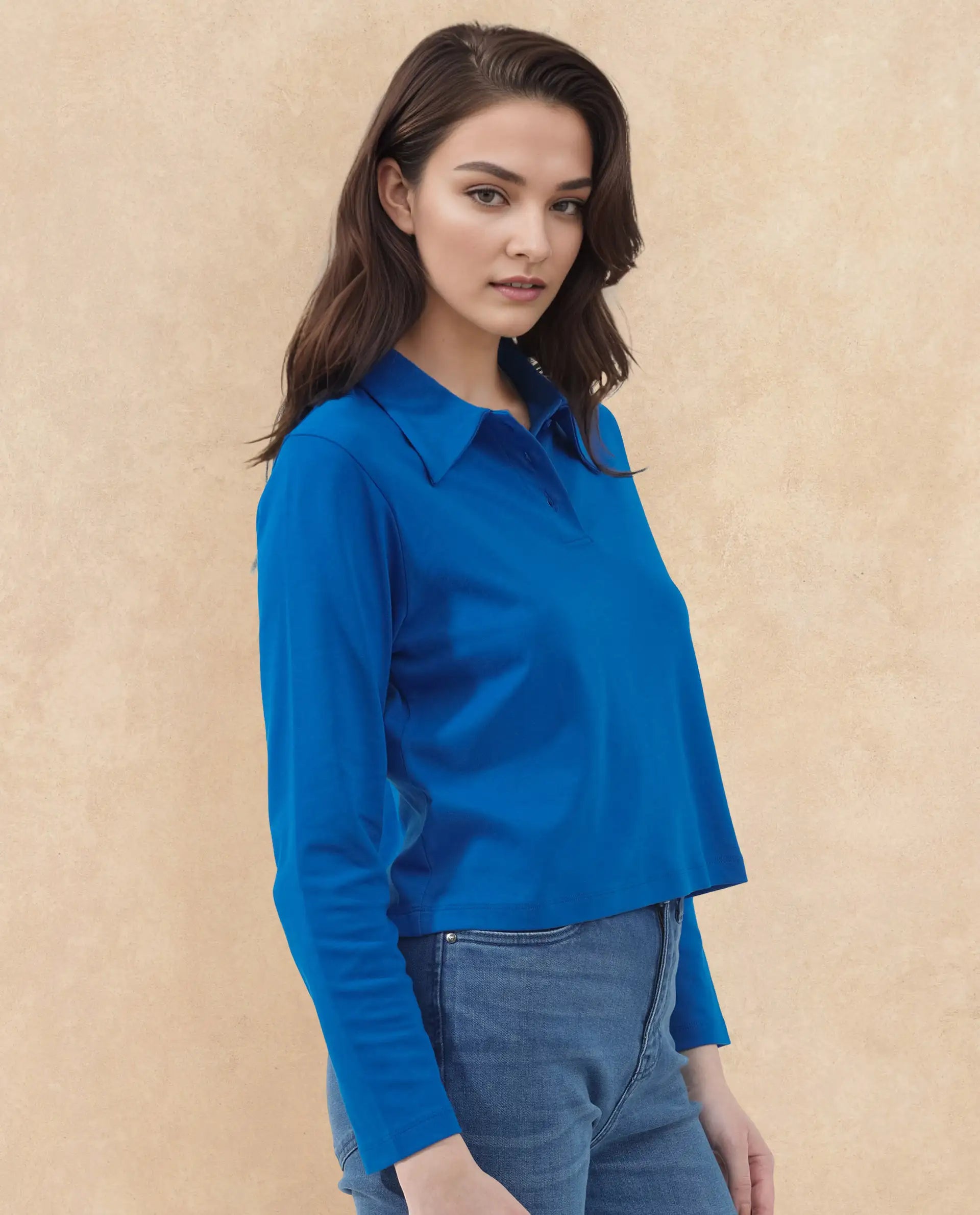 Rareism Women Gojo Blue Cotton Fabric Full Sleeve Collared Neck Button Closure Solid Regular Fit Top