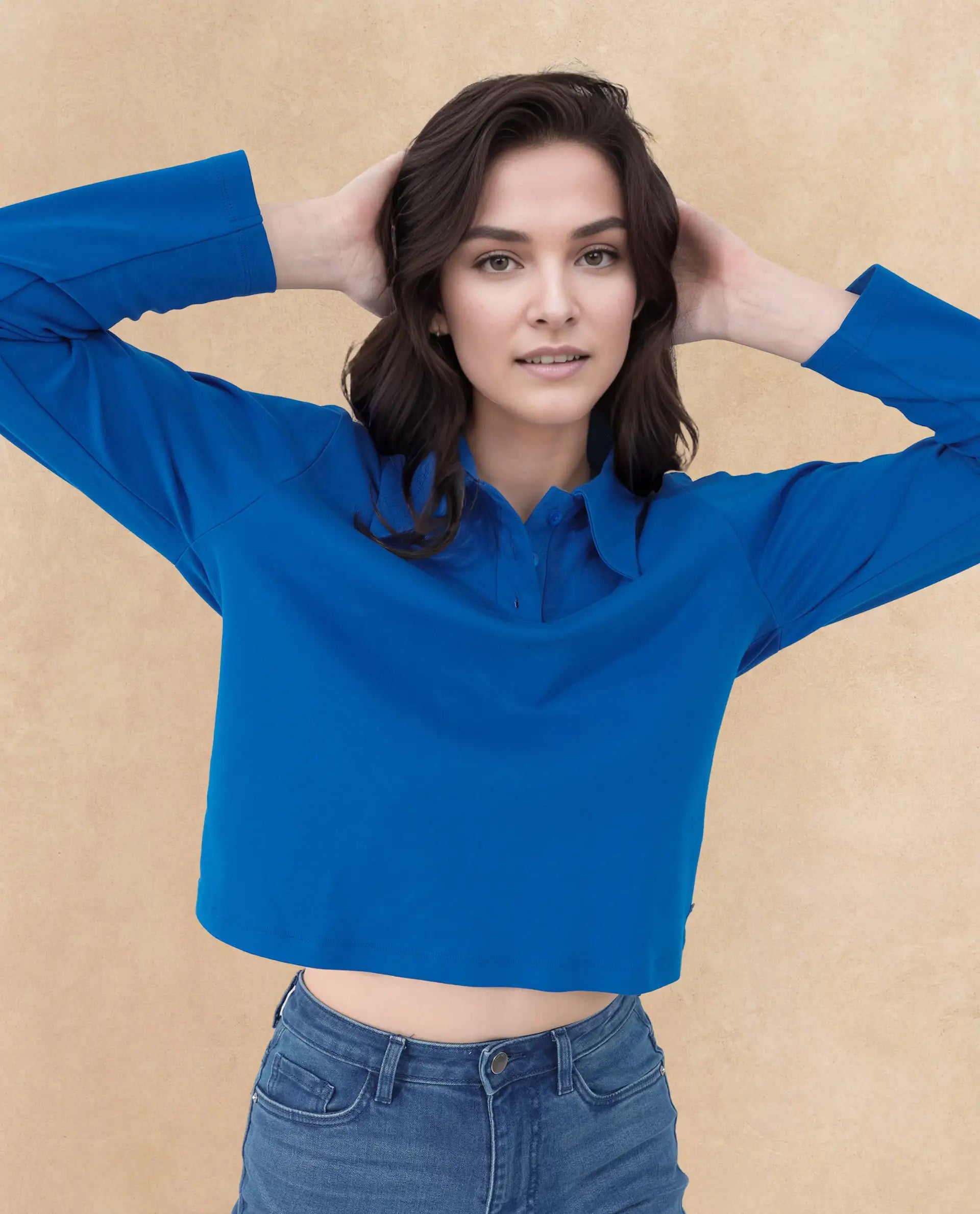 Rareism Women Gojo Blue Cotton Fabric Full Sleeve Collared Neck Button Closure Solid Regular Fit Top