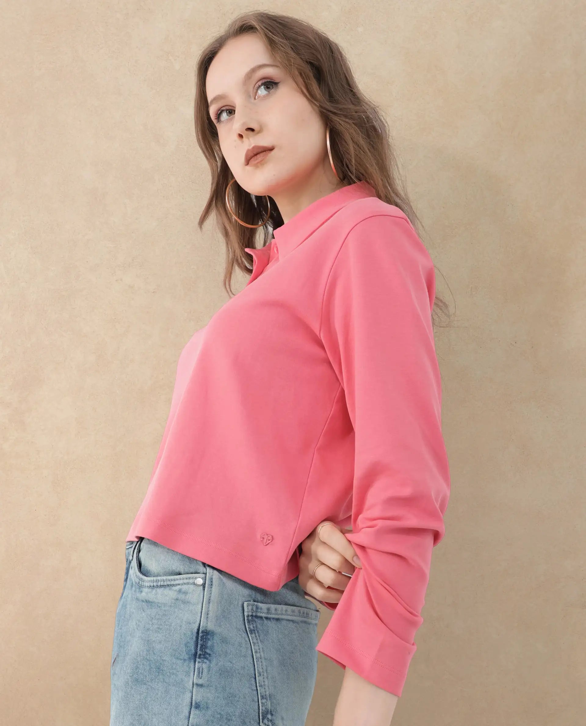 Rareism Women Gojo Peach Cotton Fabric Full Sleeve Collared Neck Button Closure Solid Regular Fit Top