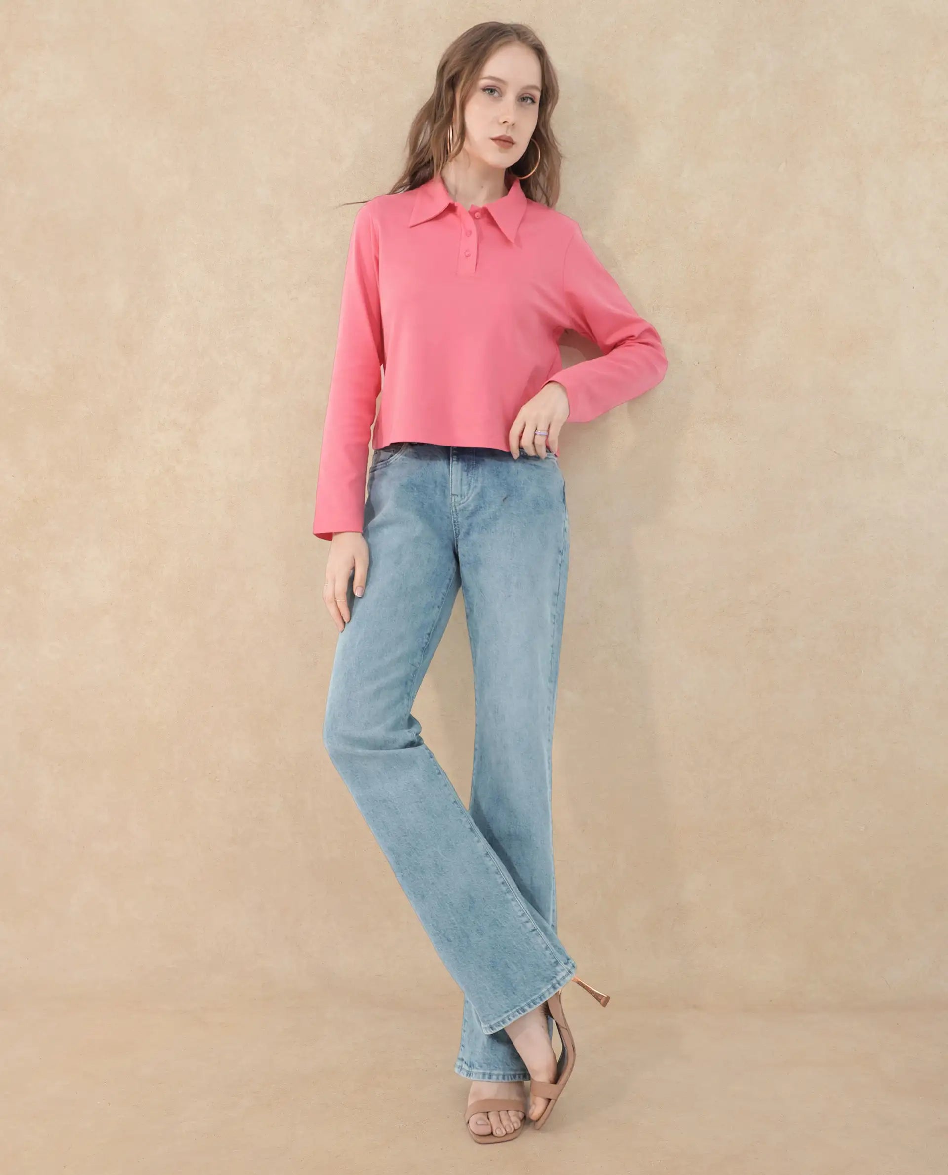 Rareism Women Gojo Peach Cotton Fabric Full Sleeve Collared Neck Button Closure Solid Regular Fit Top