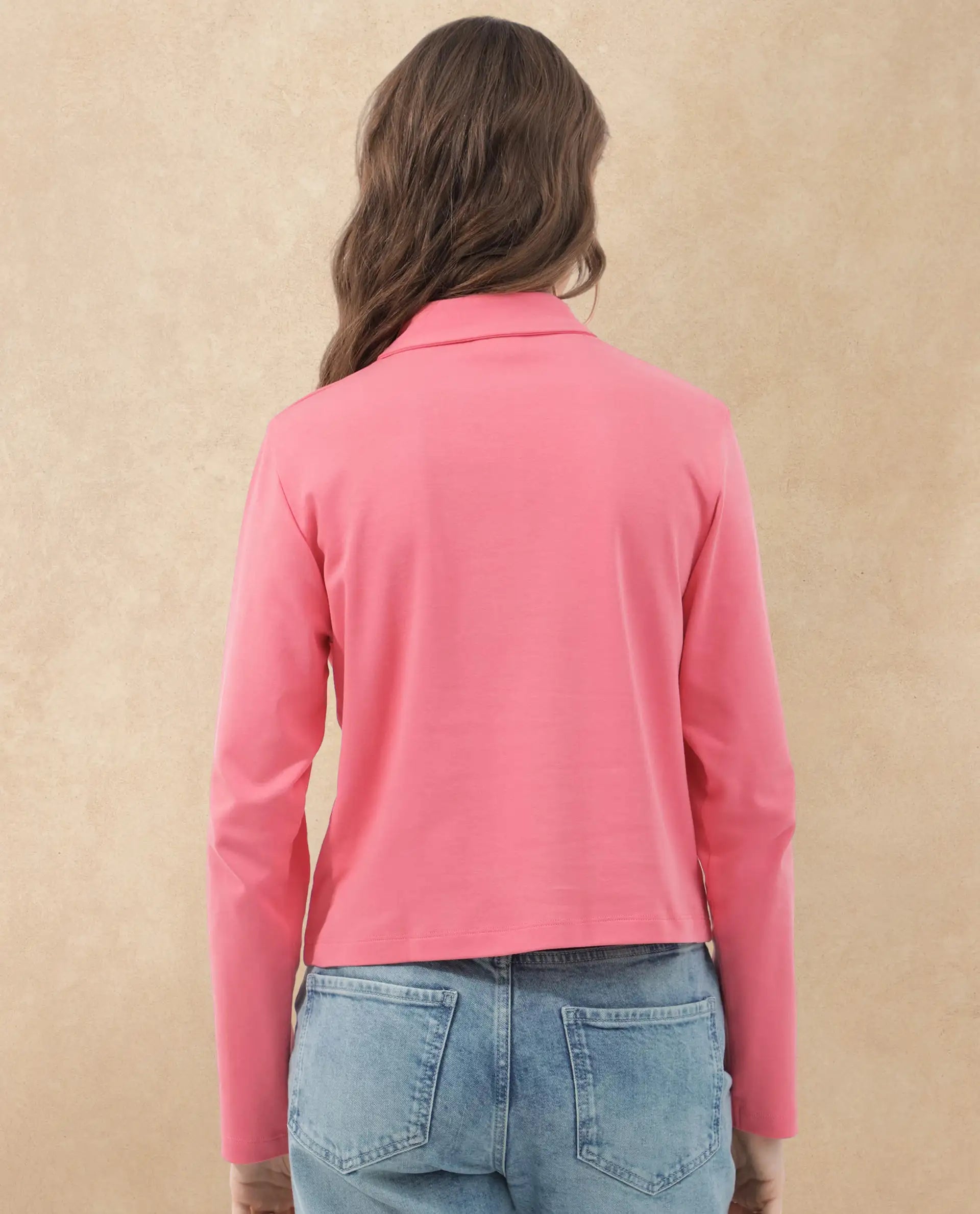 Rareism Women Gojo Peach Cotton Fabric Full Sleeve Collared Neck Button Closure Solid Regular Fit Top