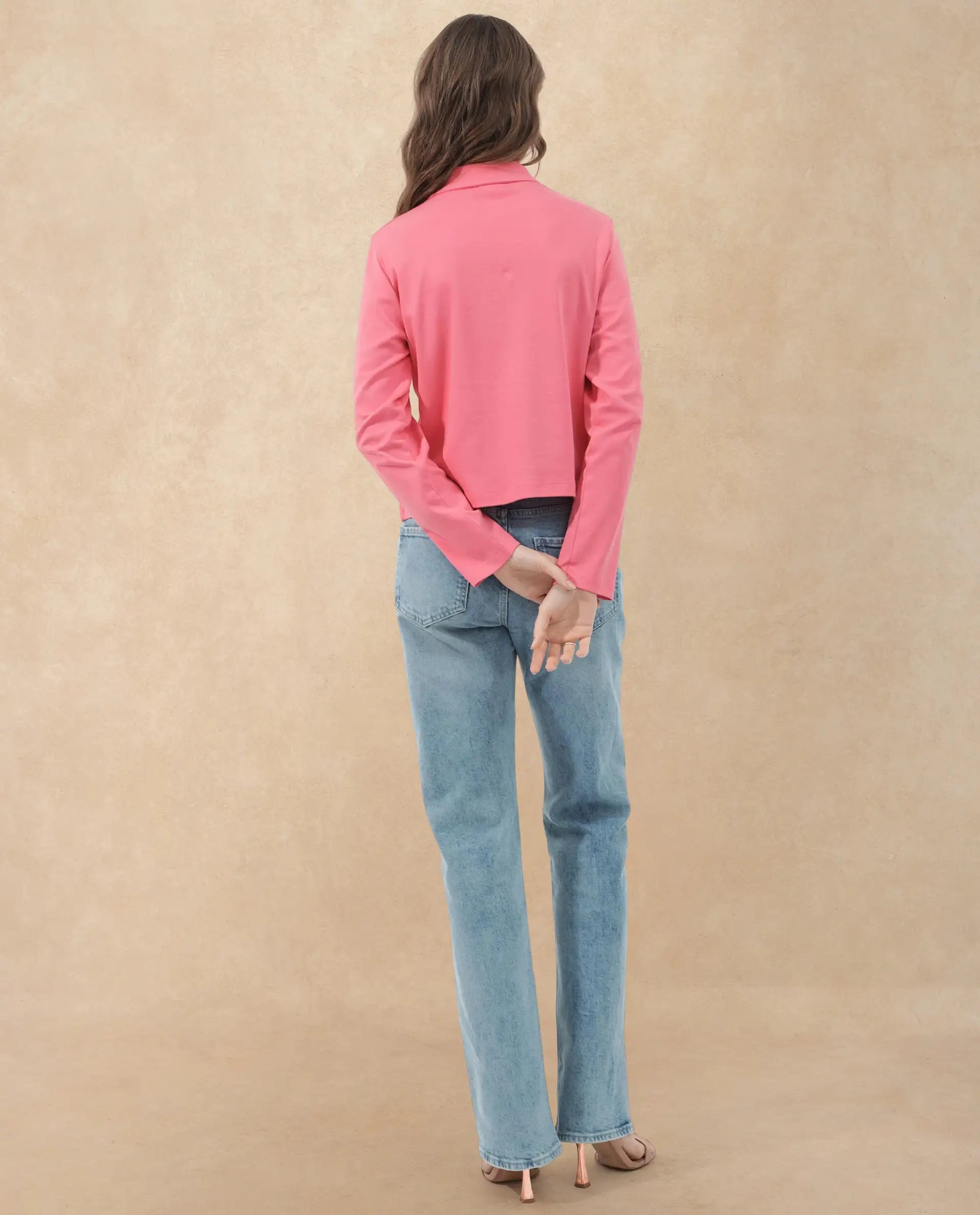 Rareism Women Gojo Peach Cotton Fabric Full Sleeve Collared Neck Button Closure Solid Regular Fit Top