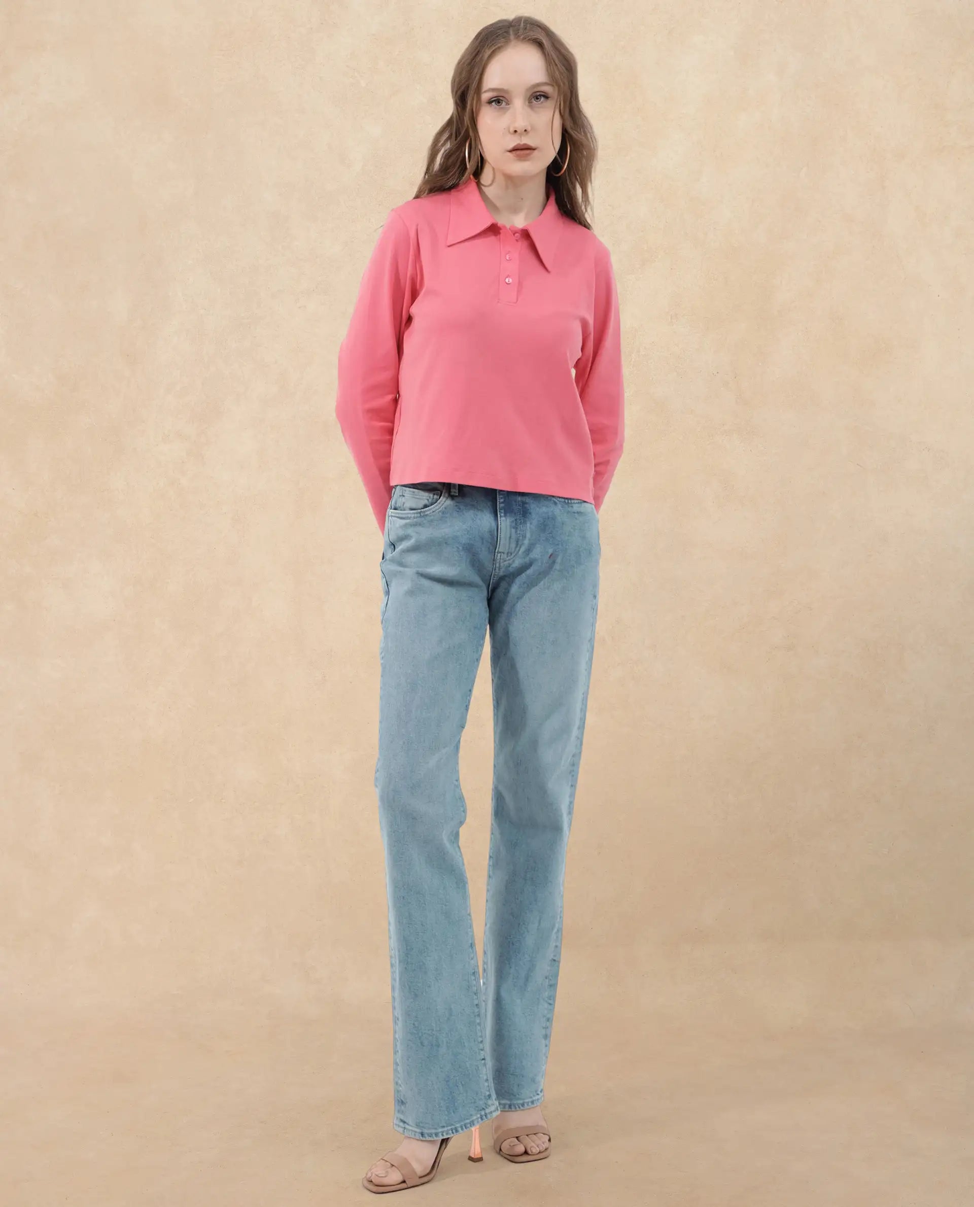 Rareism Women Gojo Peach Cotton Fabric Full Sleeve Collared Neck Button Closure Solid Regular Fit Top