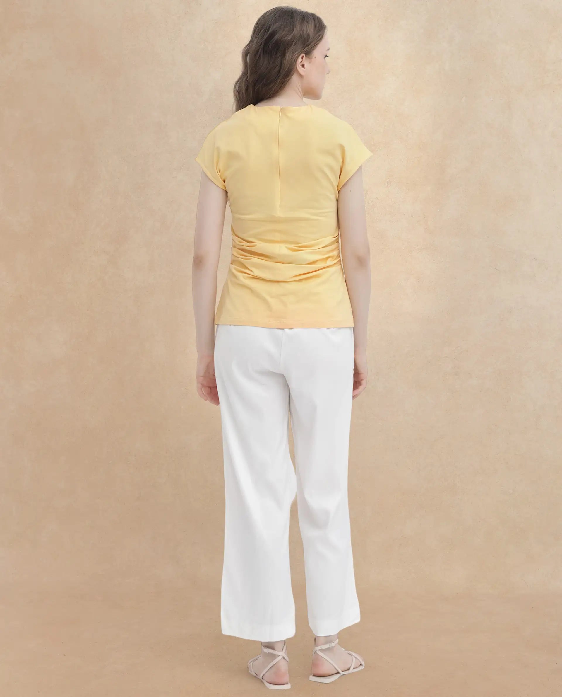 Rareism Women Granden Light Yellow Cotton Fabric Short Sleeves Zip Closure Round Neck Extended Sleeve Regular Fit Plain Top