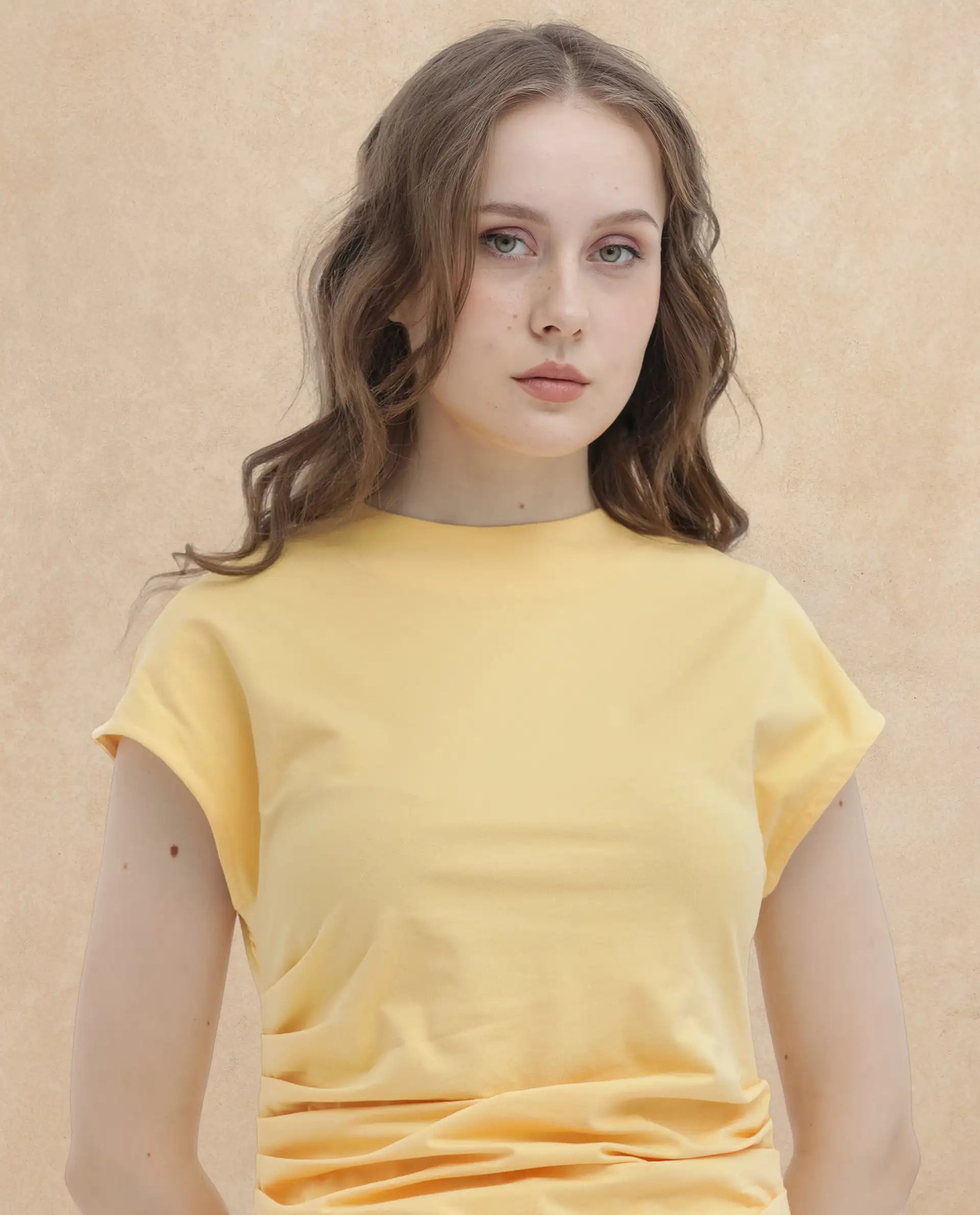 Rareism Women Granden Light Yellow Cotton Fabric Short Sleeves Zip Closure Round Neck Extended Sleeve Regular Fit Plain Top