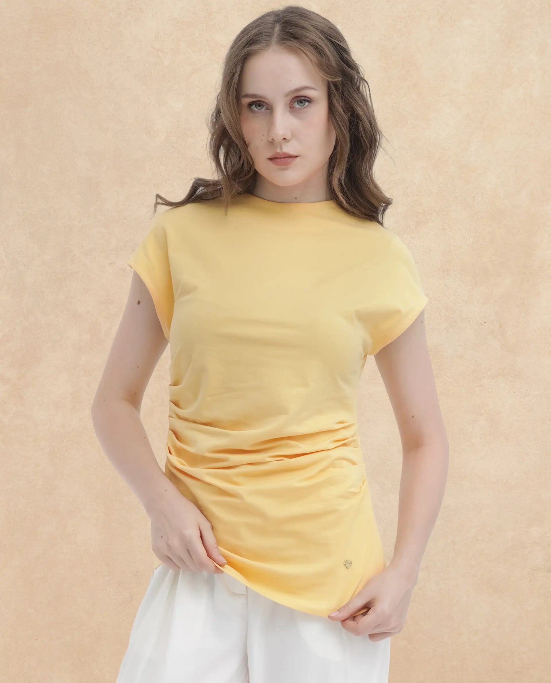 Rareism Women Granden Light Yellow Cotton Fabric Short Sleeves Zip Closure Round Neck Extended Sleeve Regular Fit Plain Top