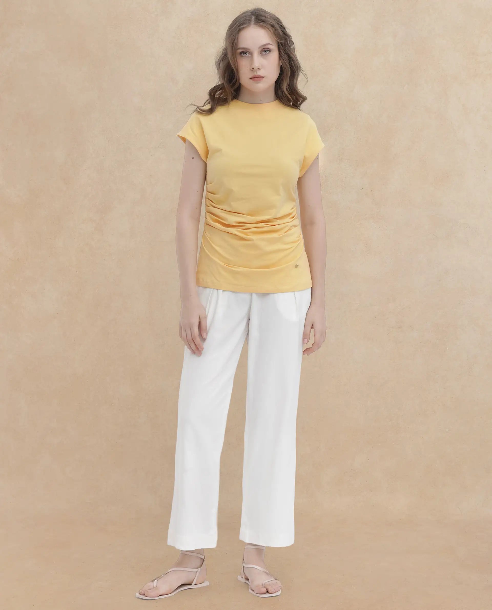 Rareism Women Granden Light Yellow Cotton Fabric Short Sleeves Zip Closure Round Neck Extended Sleeve Regular Fit Plain Top