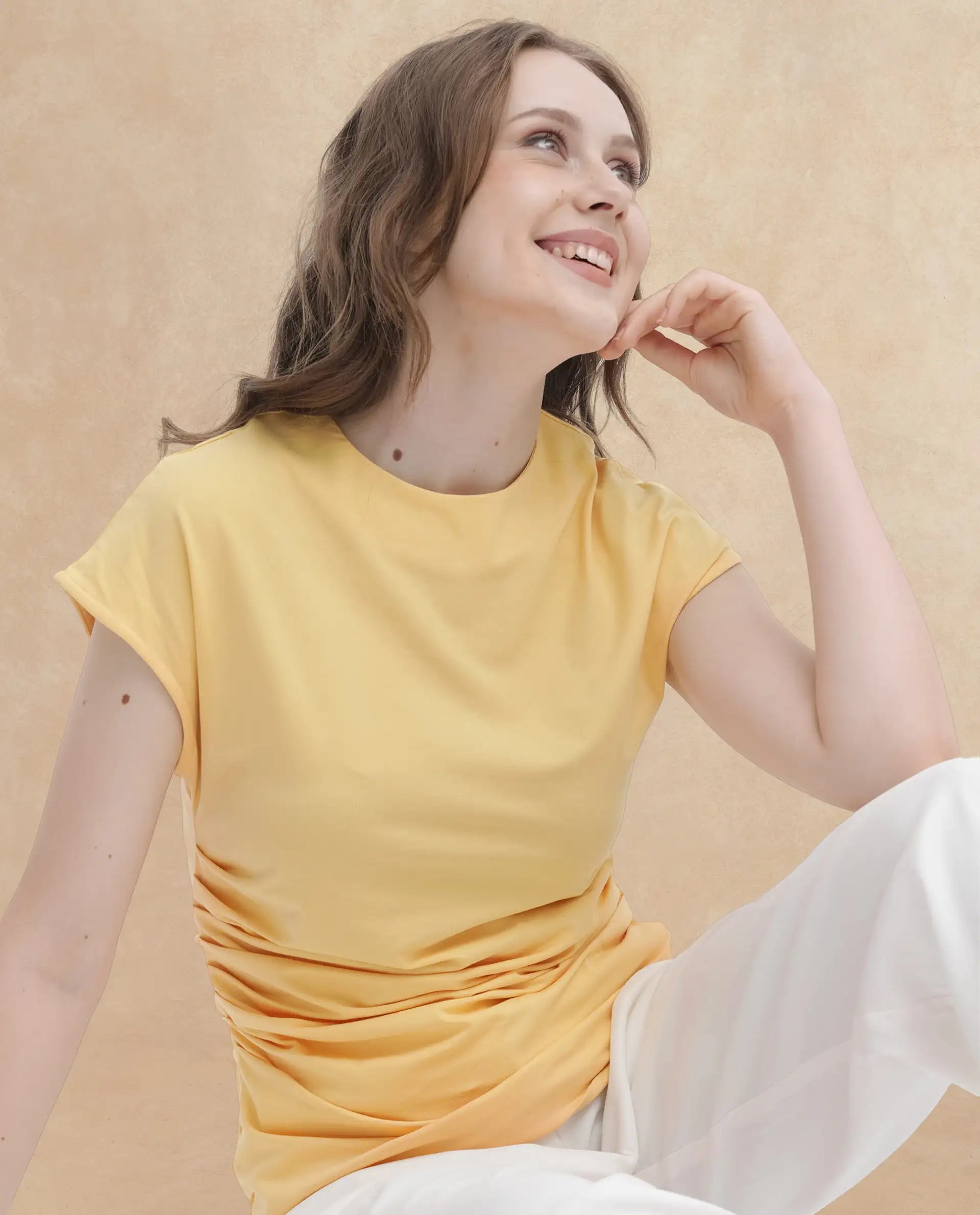 Rareism Women Granden Light Yellow Cotton Fabric Short Sleeves Zip Closure Round Neck Extended Sleeve Regular Fit Plain Top