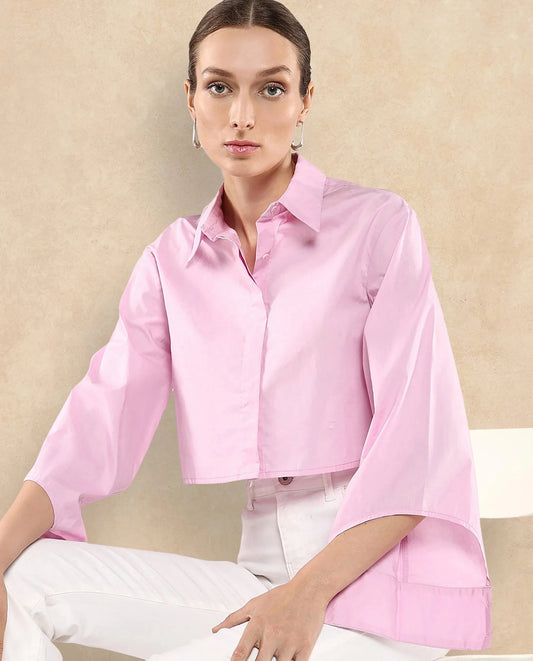 Rareism Women Grieropo Pink Fashion Sleeve Collared Neck Plain Top