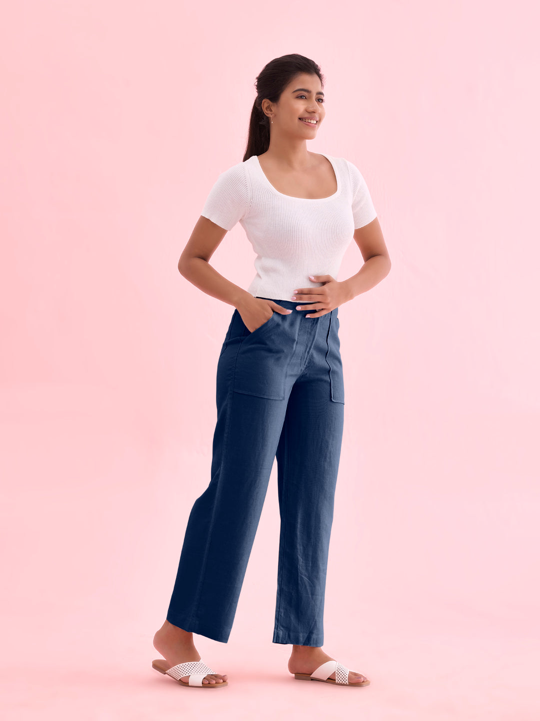 Blue Denim Linen Cargo Pants