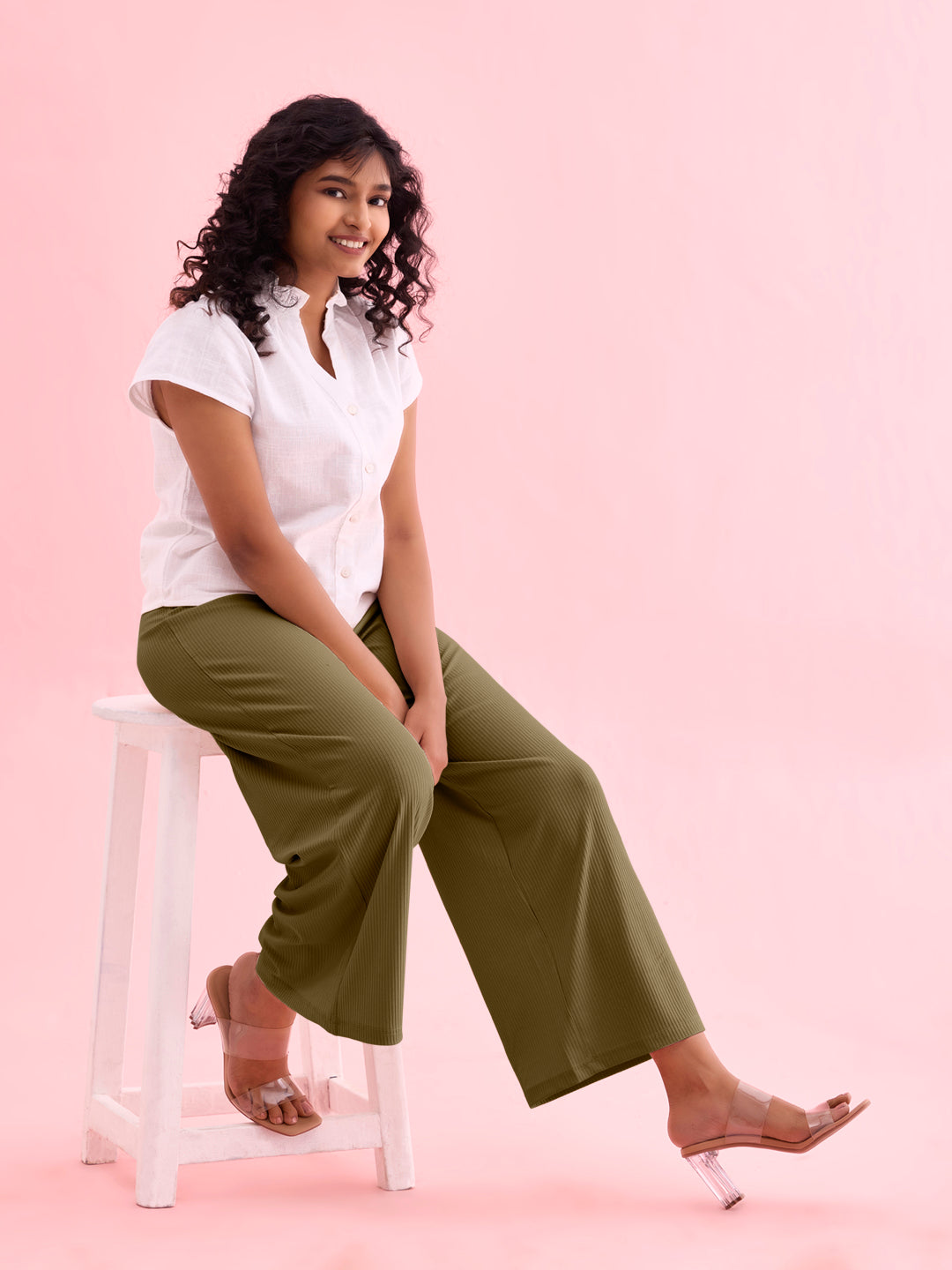 Olive Green Drop Needle Fabric Rib Palazzo