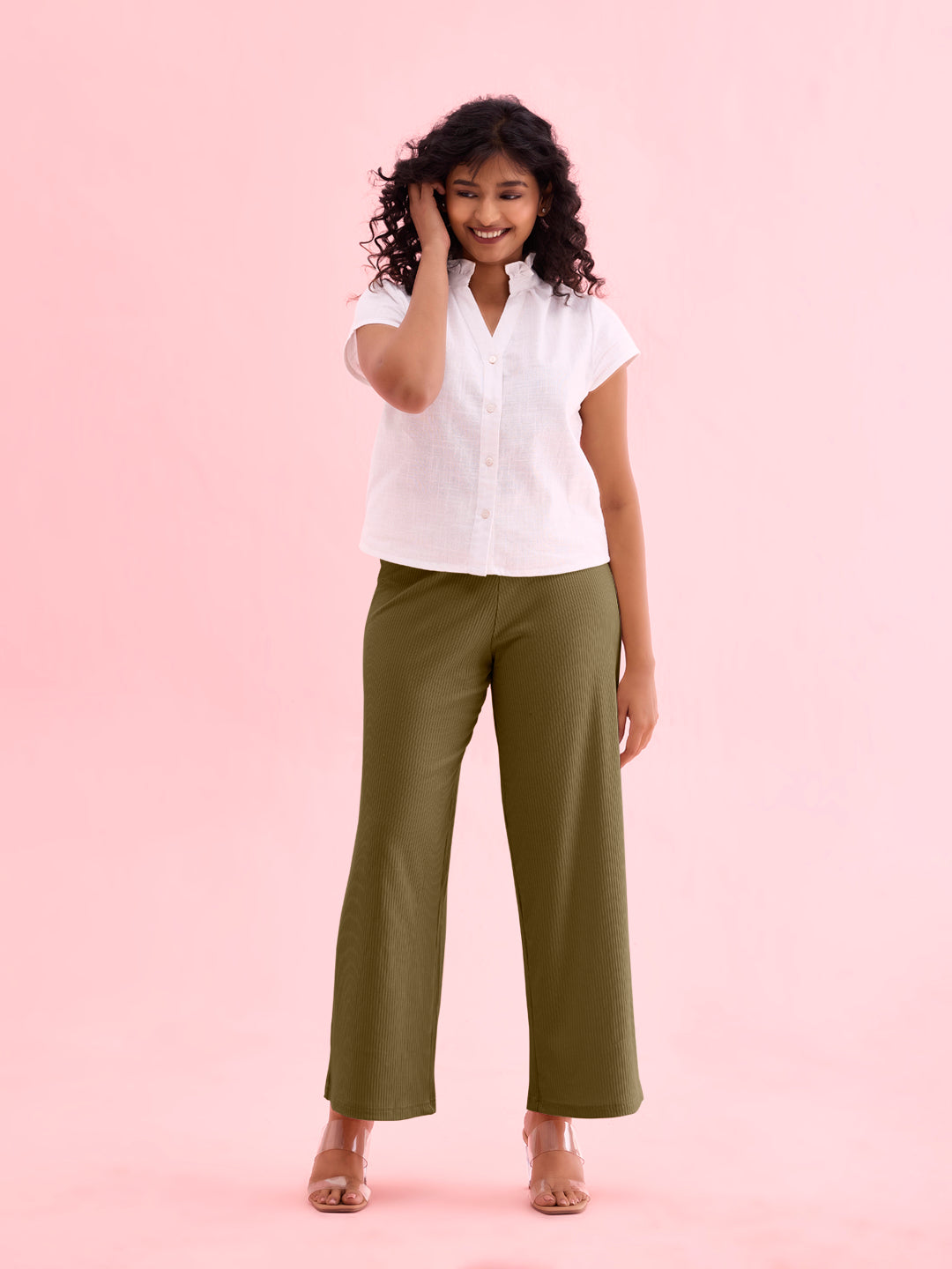 Olive Green Drop Needle Fabric Rib Palazzo