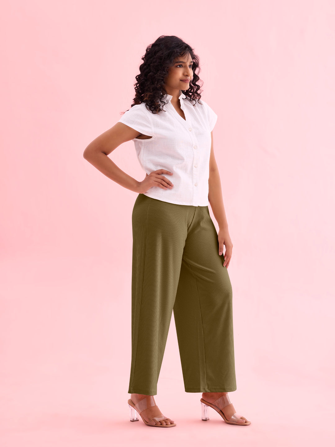 Olive Green Drop Needle Fabric Rib Palazzo