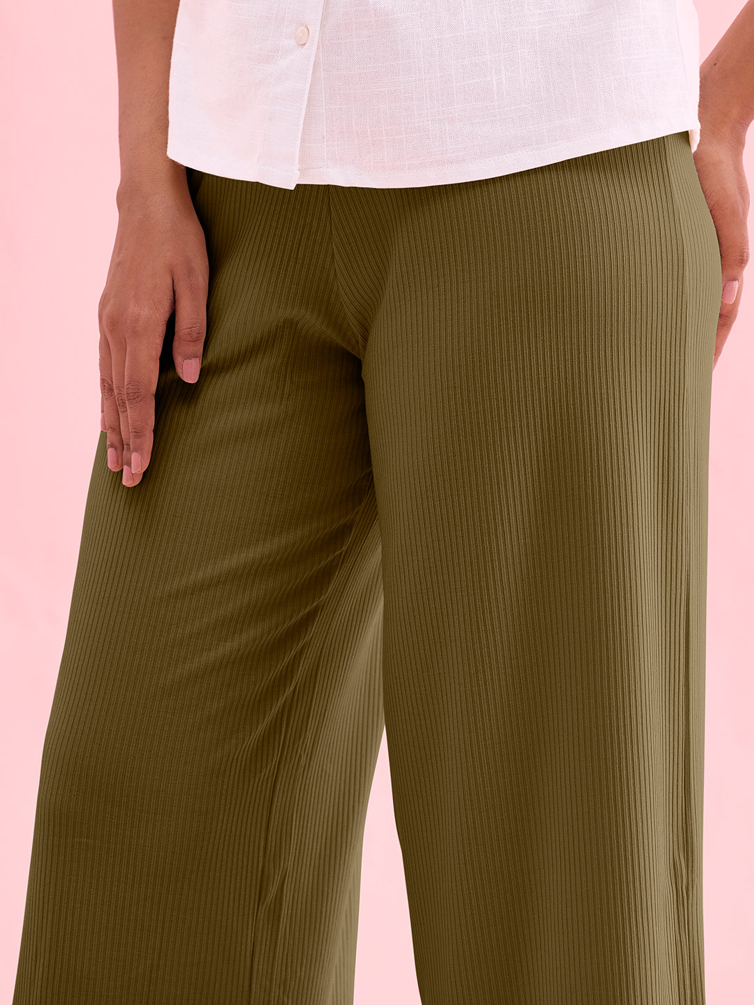 Olive Green Drop Needle Fabric Rib Palazzo