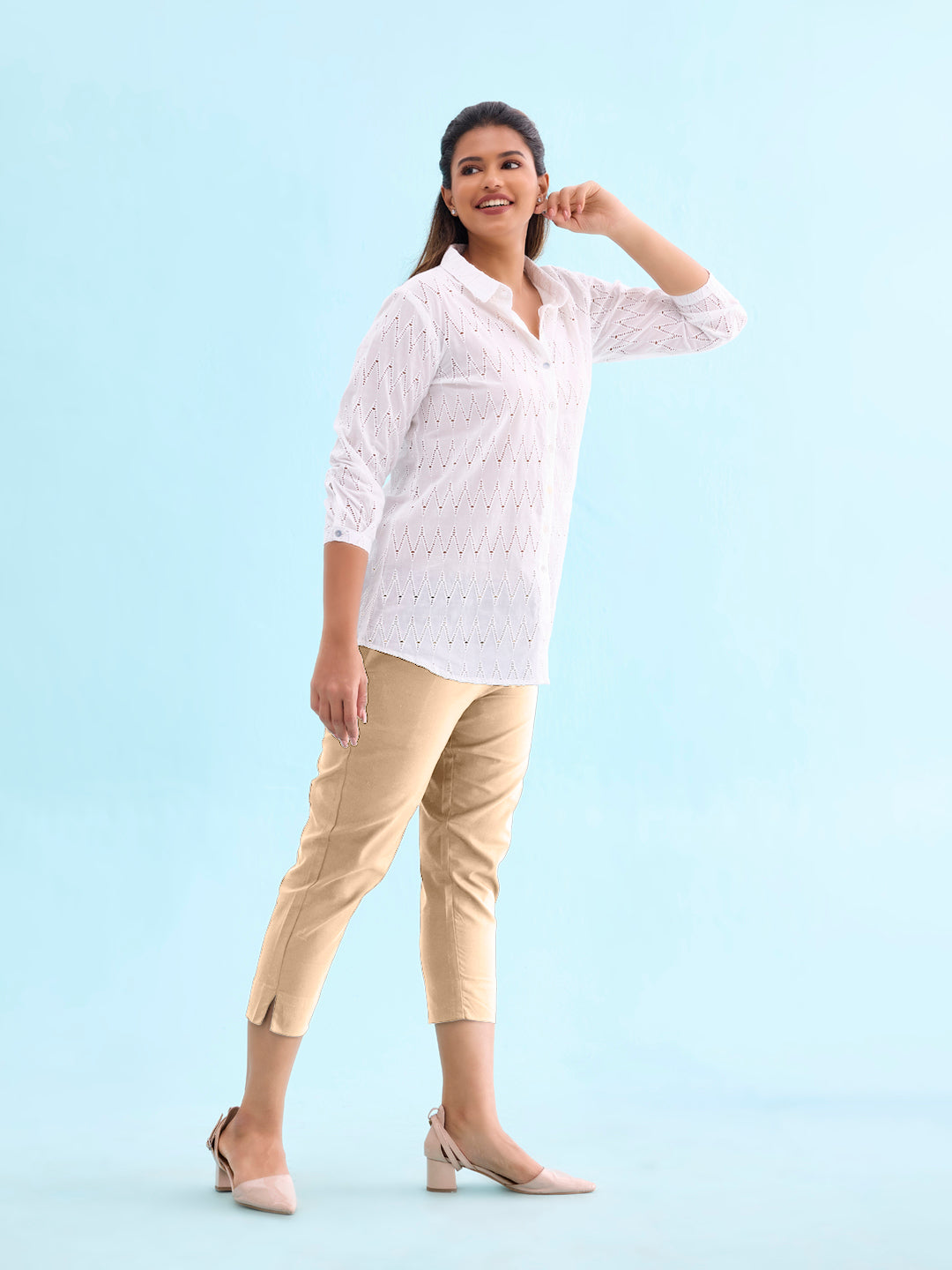 Light Beige Cotton Cropped Pencil Pant