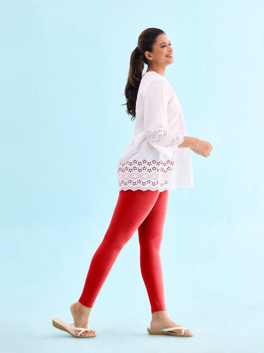 Bright Red Drop Needle Fabric Rib Leggings