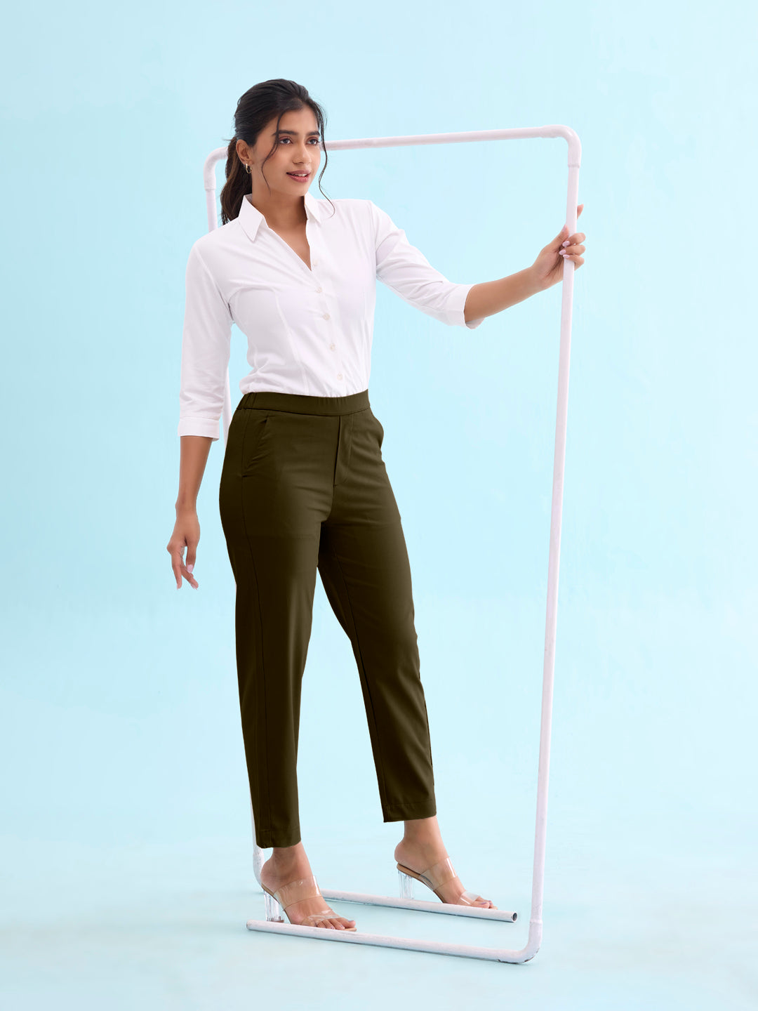 Dark Olive Woven Cotton Stretch Chino Pants