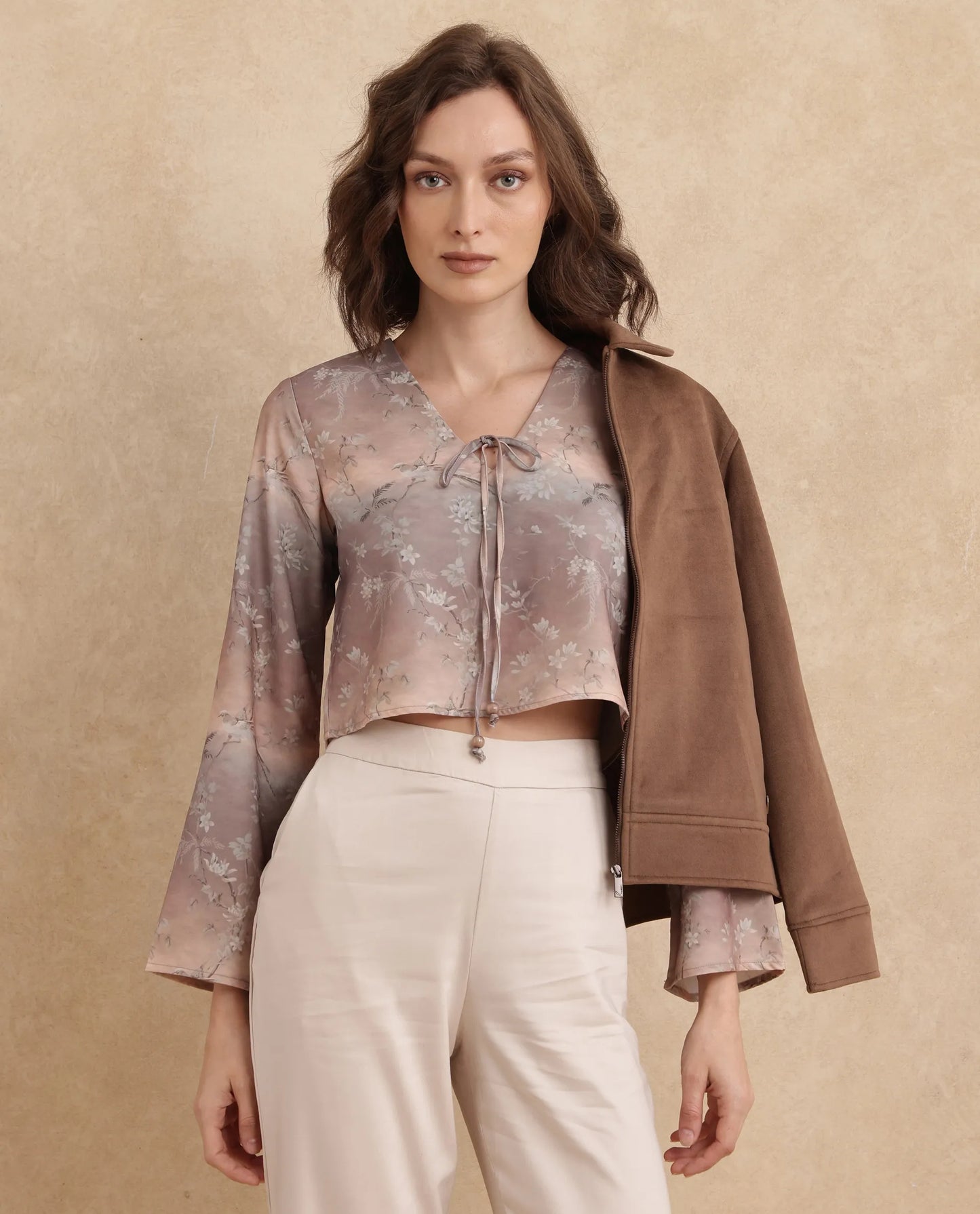 Rareism Women Poulop Dusky Multi Satin Bell Sleeves V-Neck Cropped Floral Print Top
