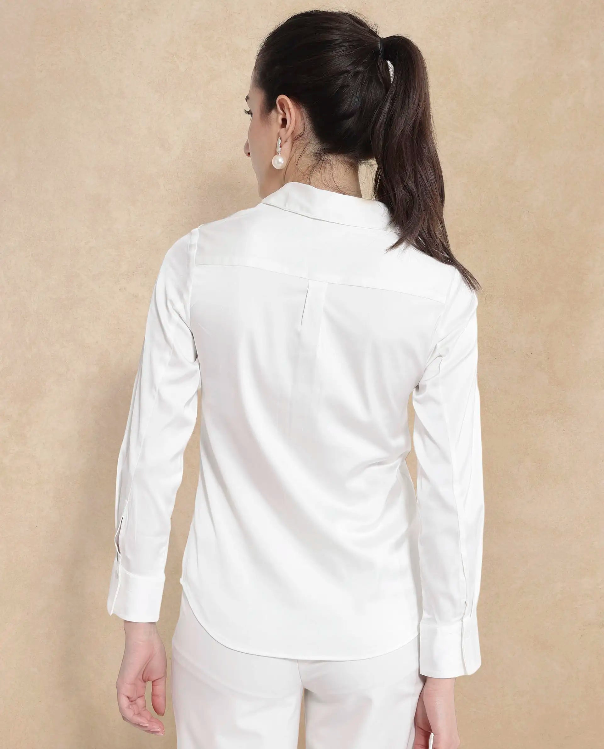 Rareism Women Haipe White Cuffed Sleeve Regular Collar Plain Shirt