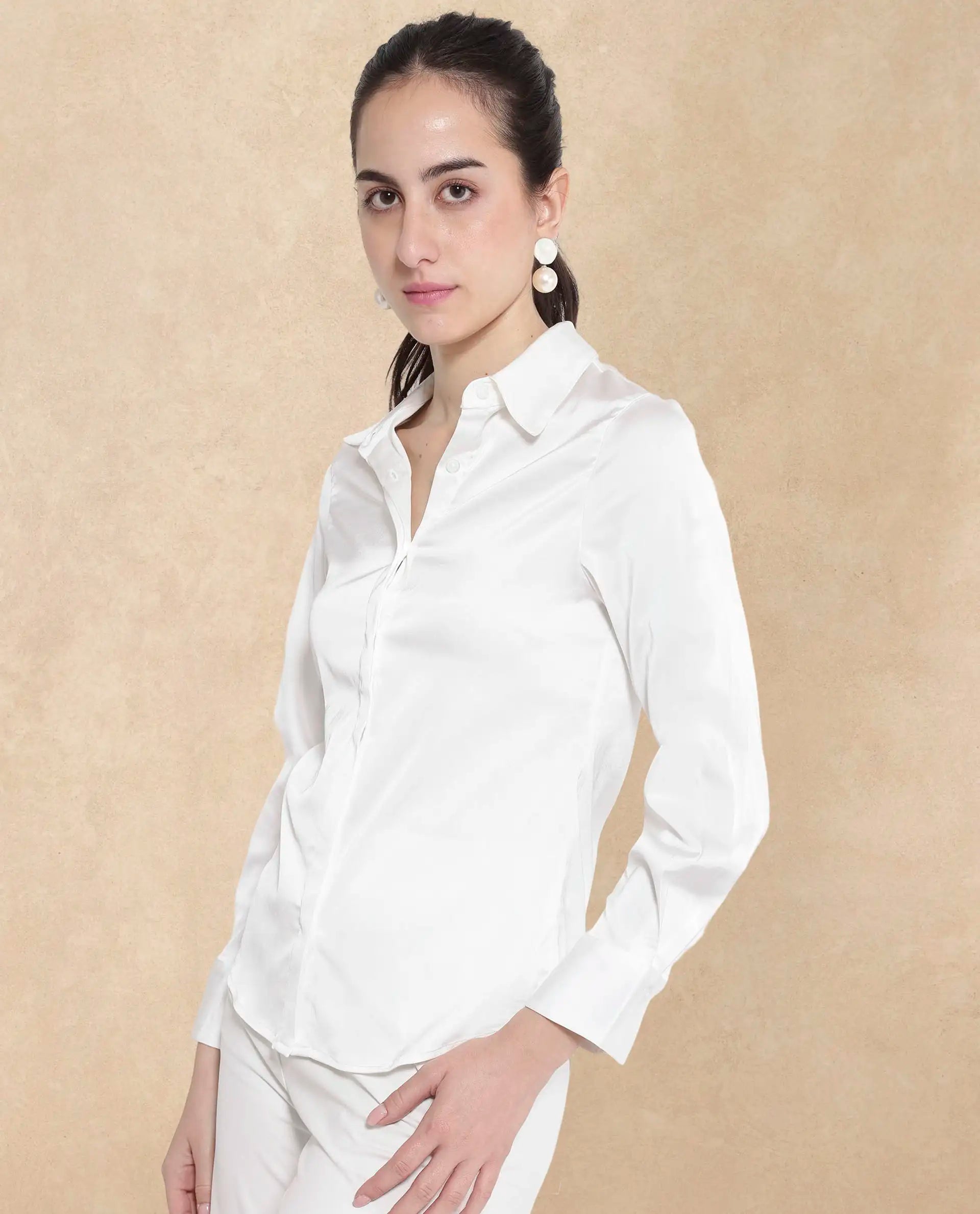 Rareism Women Haipe White Cuffed Sleeve Regular Collar Plain Shirt