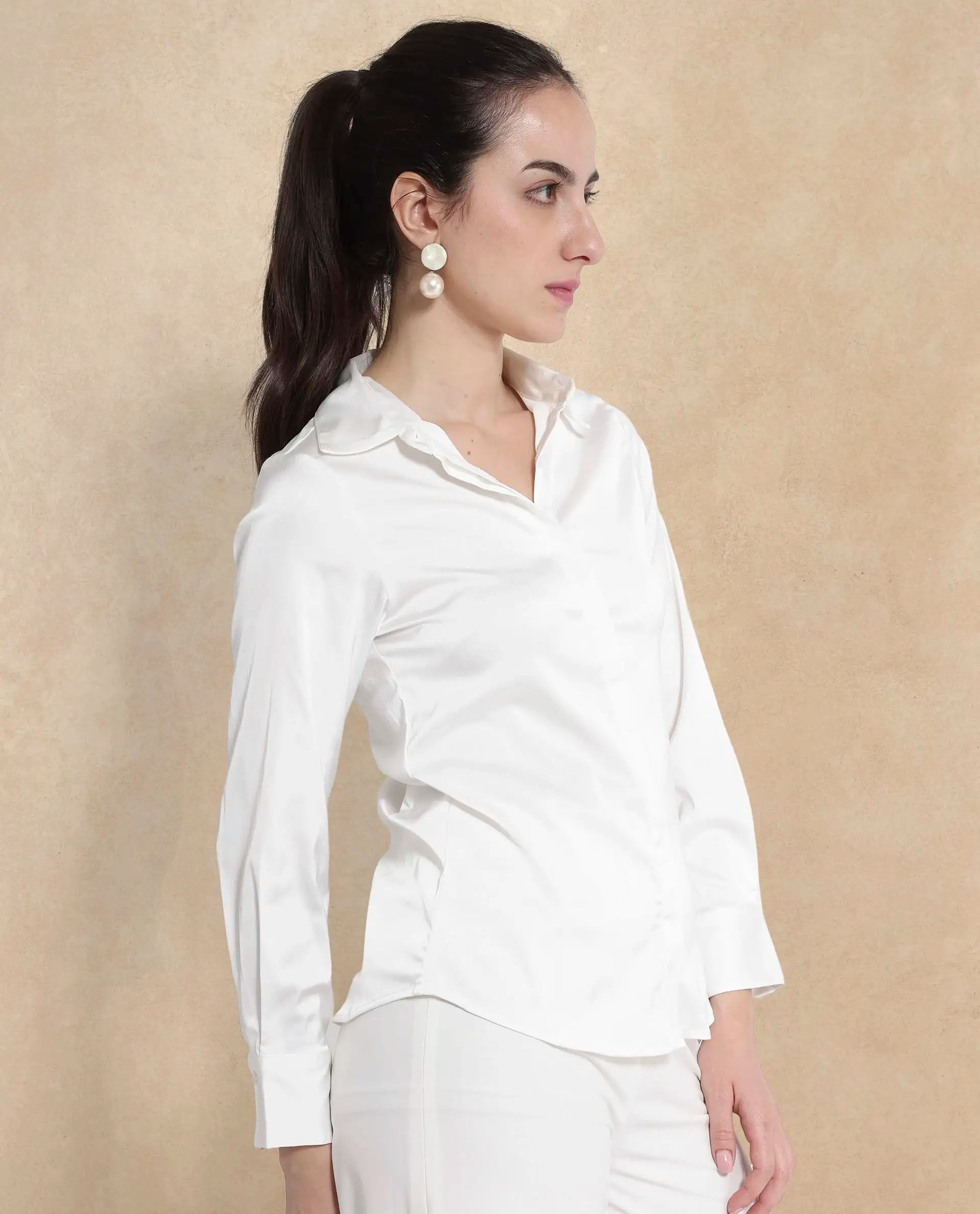 Rareism Women Haipe White Cuffed Sleeve Regular Collar Plain Shirt