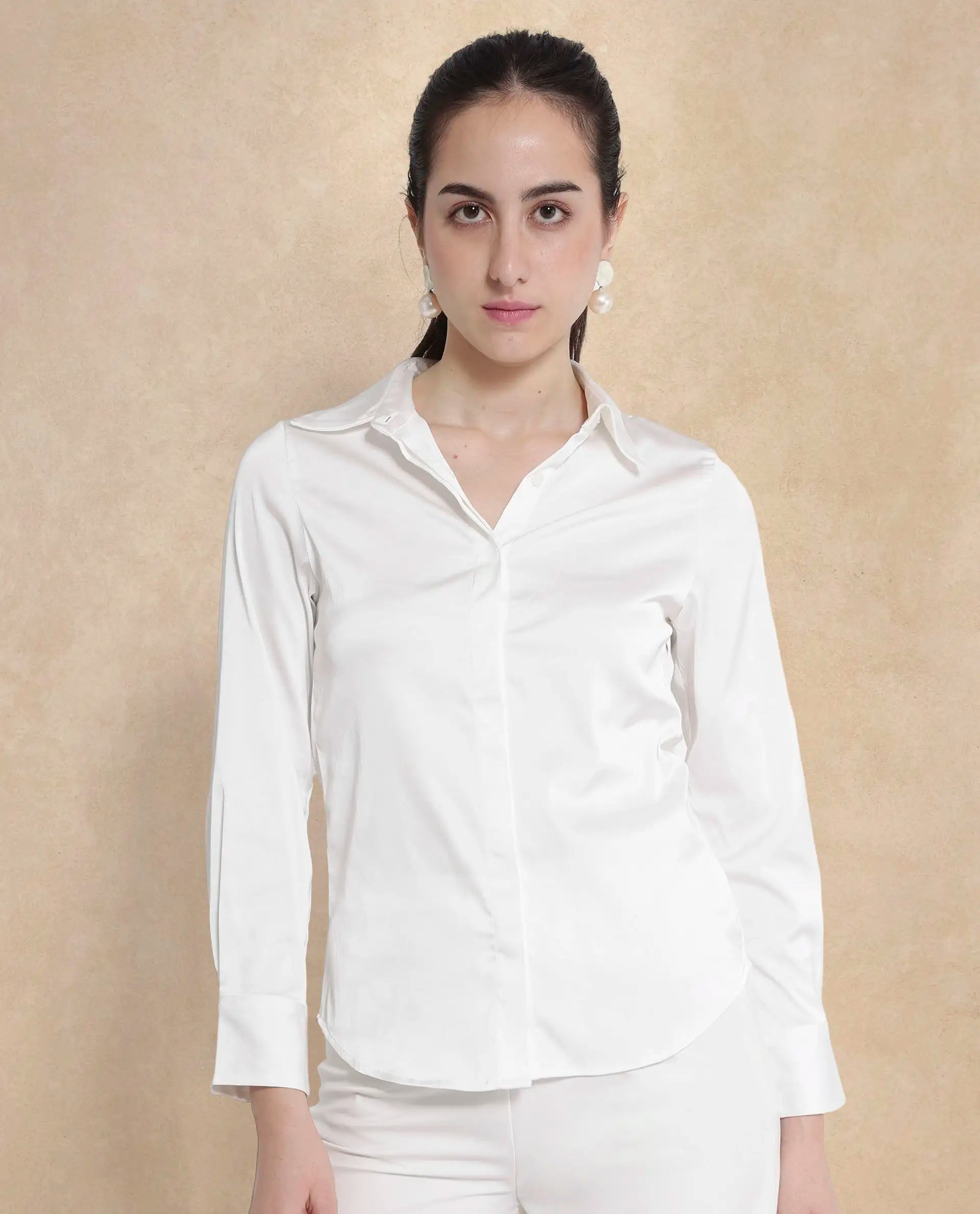 Rareism Women Haipe White Cuffed Sleeve Regular Collar Plain Shirt