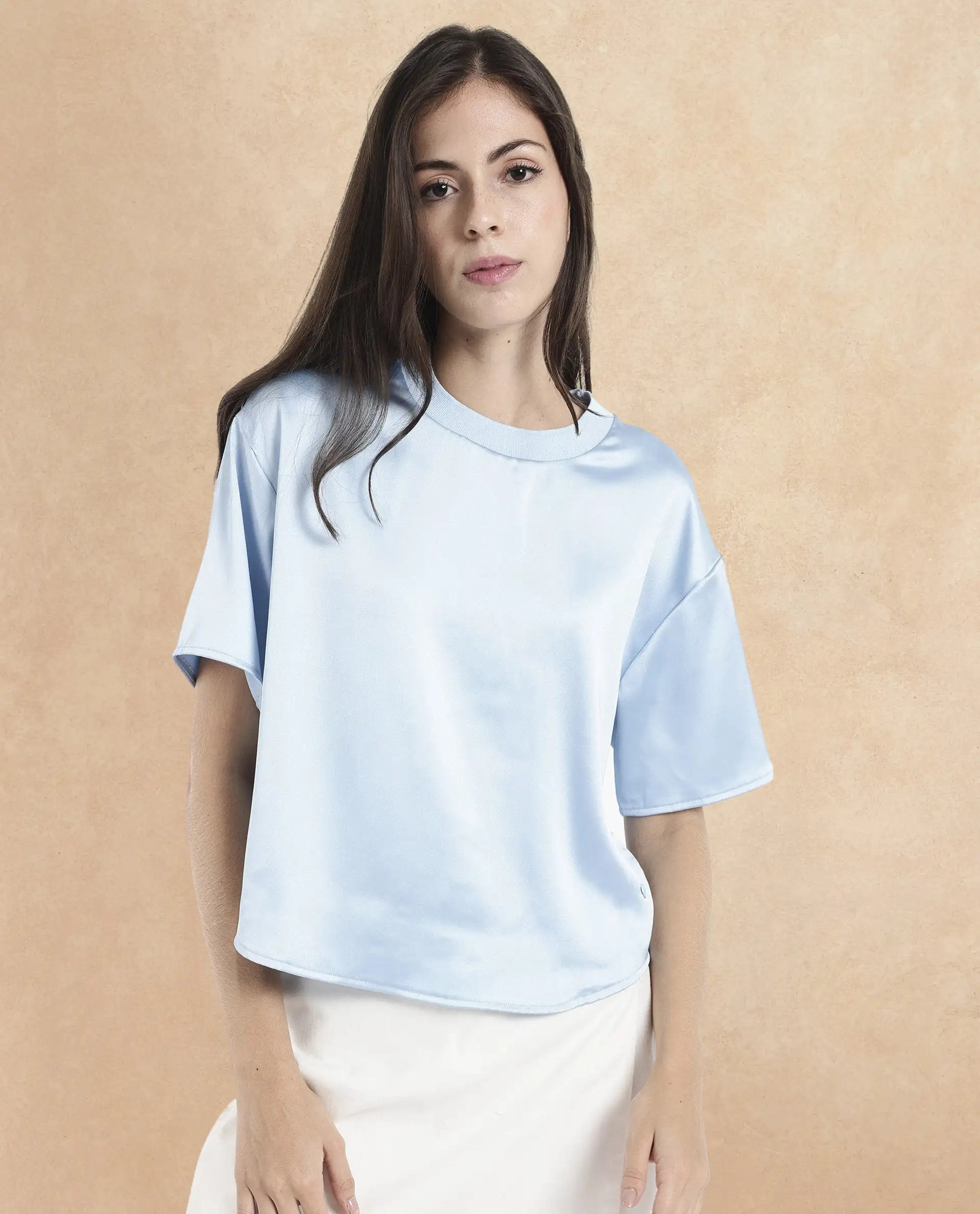 Rareism Women Haruno Light Blue Short Sleeve Ribbed Collar Boxy Fit Plain Top