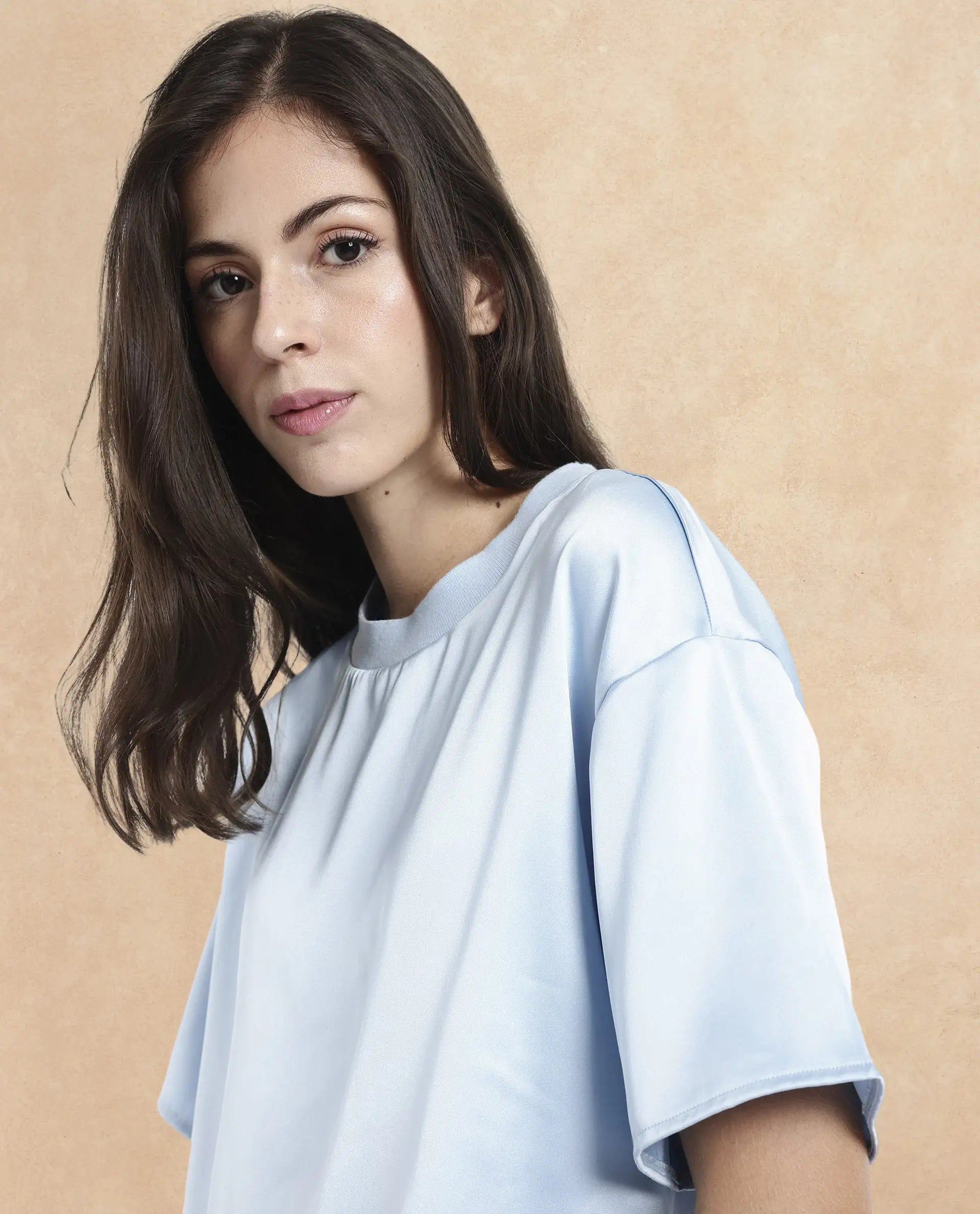 Rareism Women Haruno Light Blue Short Sleeve Ribbed Collar Boxy Fit Plain Top