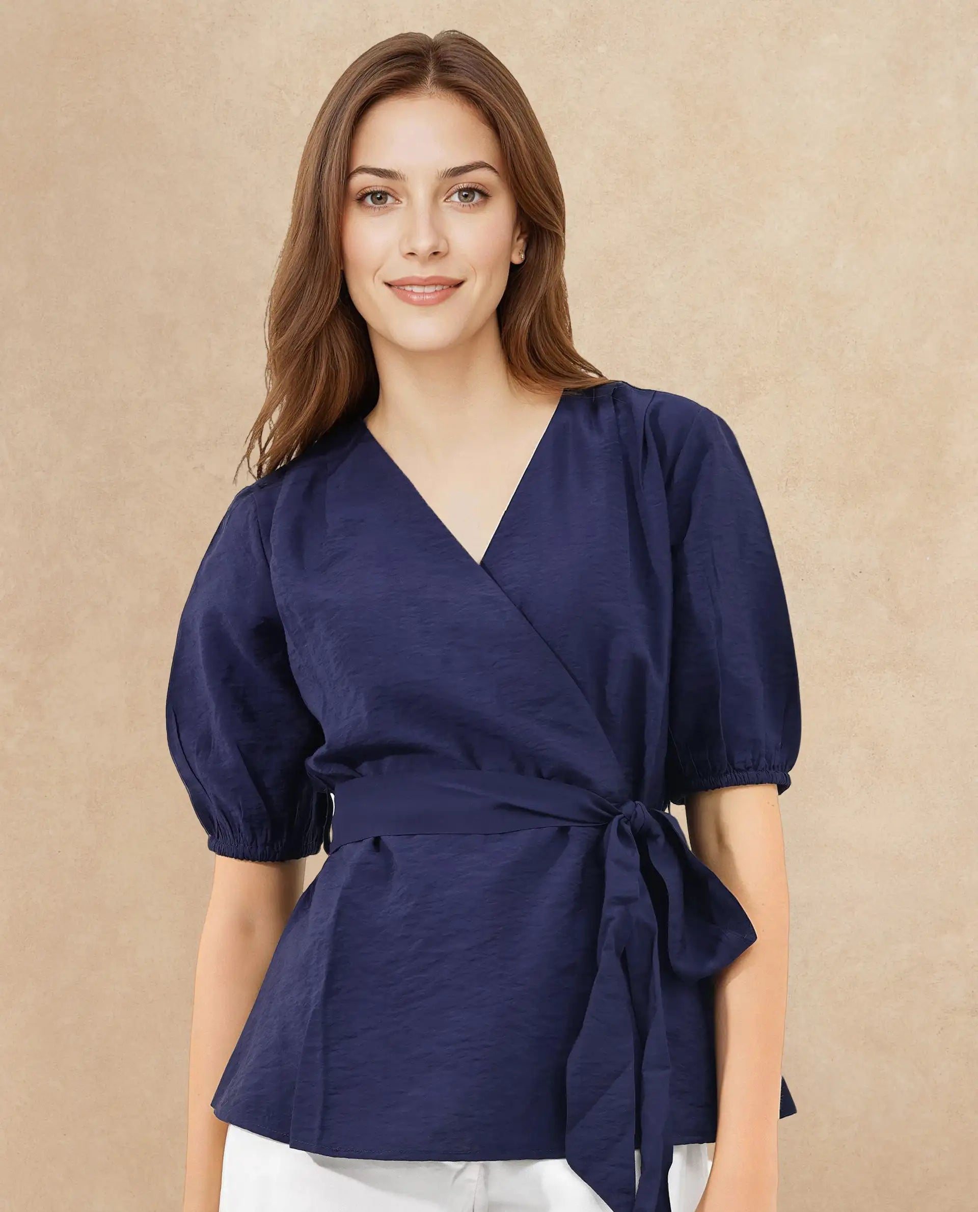 Rareism Women Hatten Navy Rayon Nylon Fabric Regular Sleeves V-Neck Solid Regular Length Top