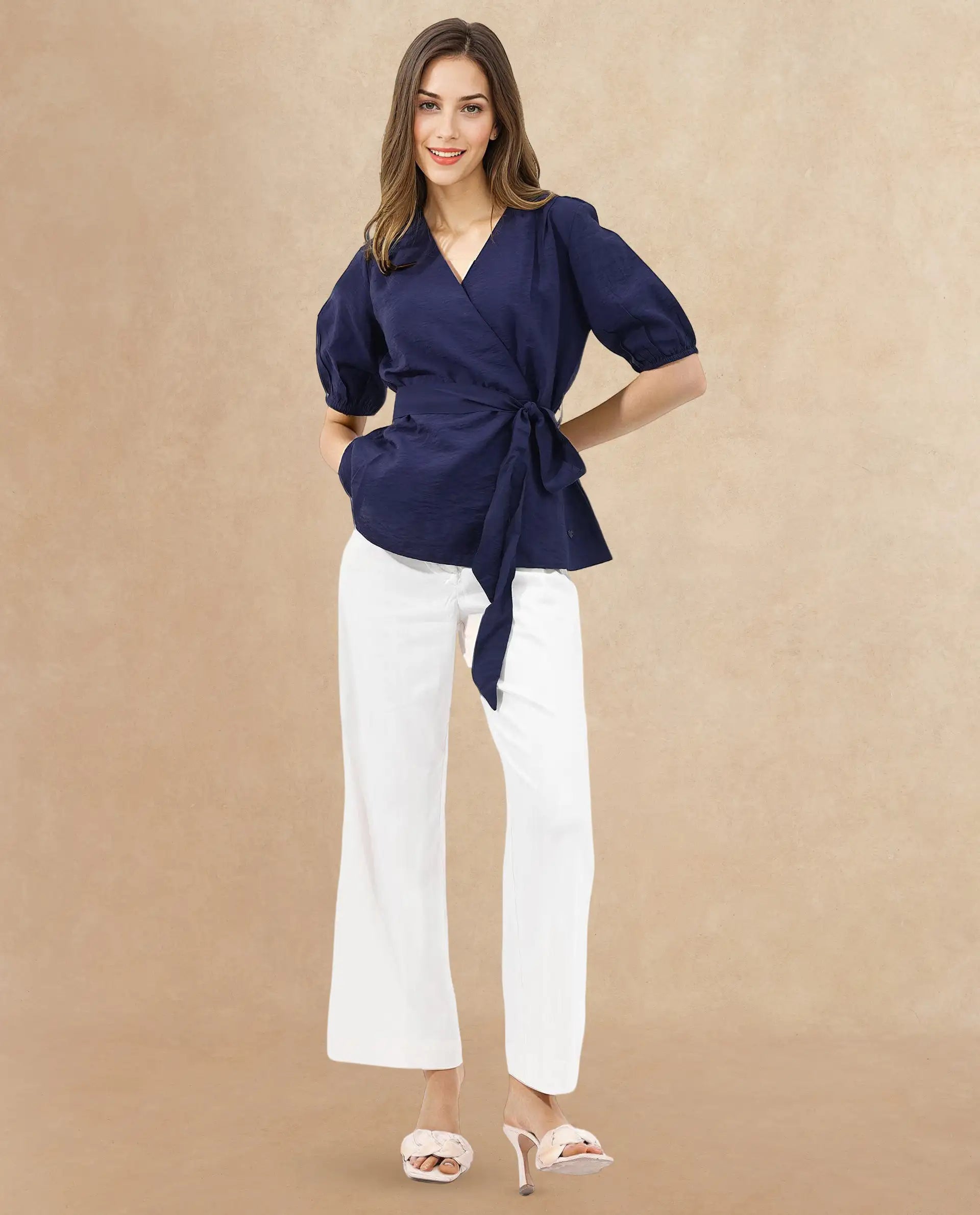 Rareism Women Hatten Navy Rayon Nylon Fabric Regular Sleeves V-Neck Solid Regular Length Top