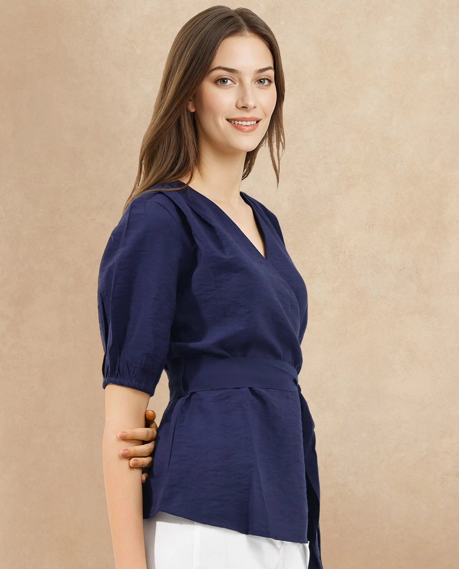 Rareism Women Hatten Navy Rayon Nylon Fabric Regular Sleeves V-Neck Solid Regular Length Top