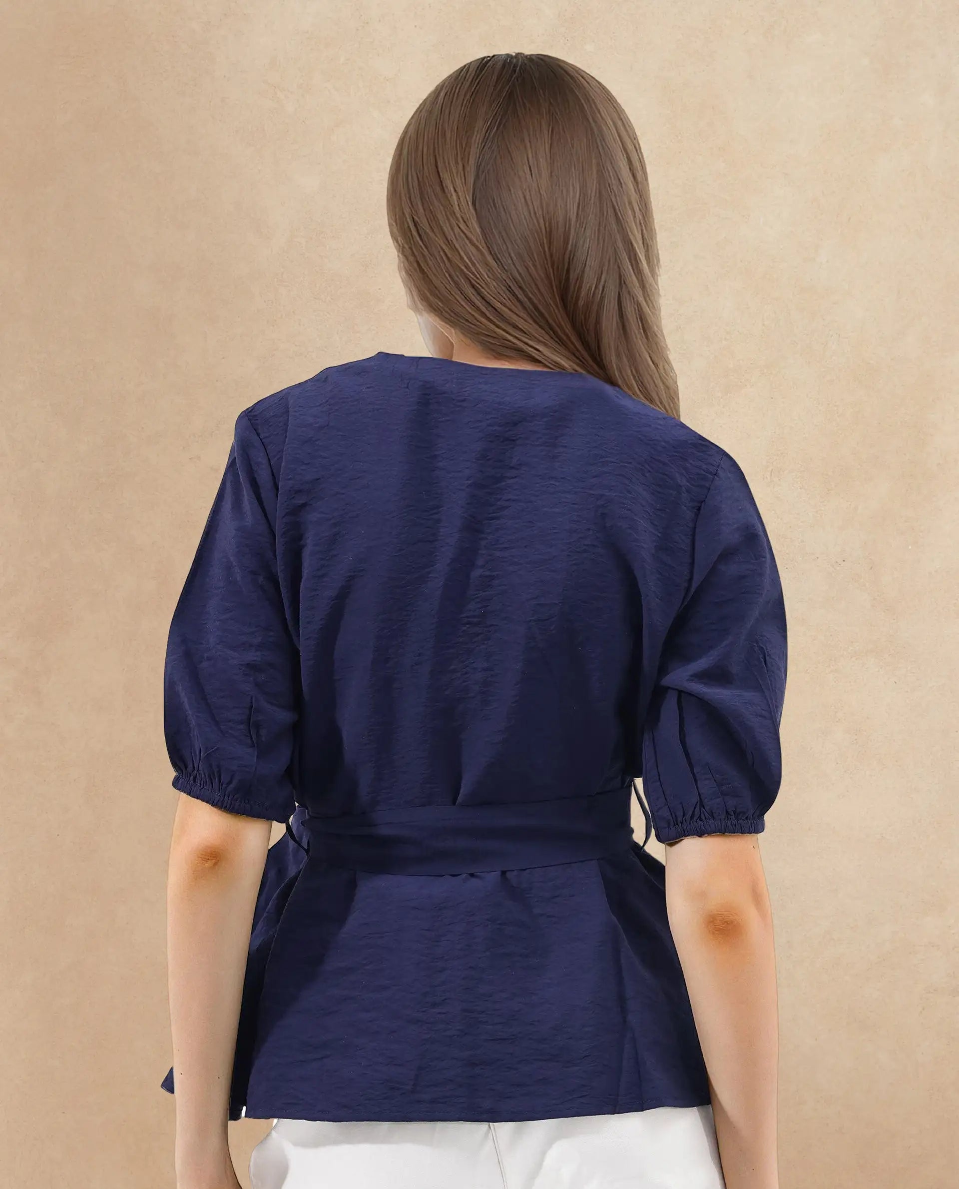 Rareism Women Hatten Navy Rayon Nylon Fabric Regular Sleeves V-Neck Solid Regular Length Top