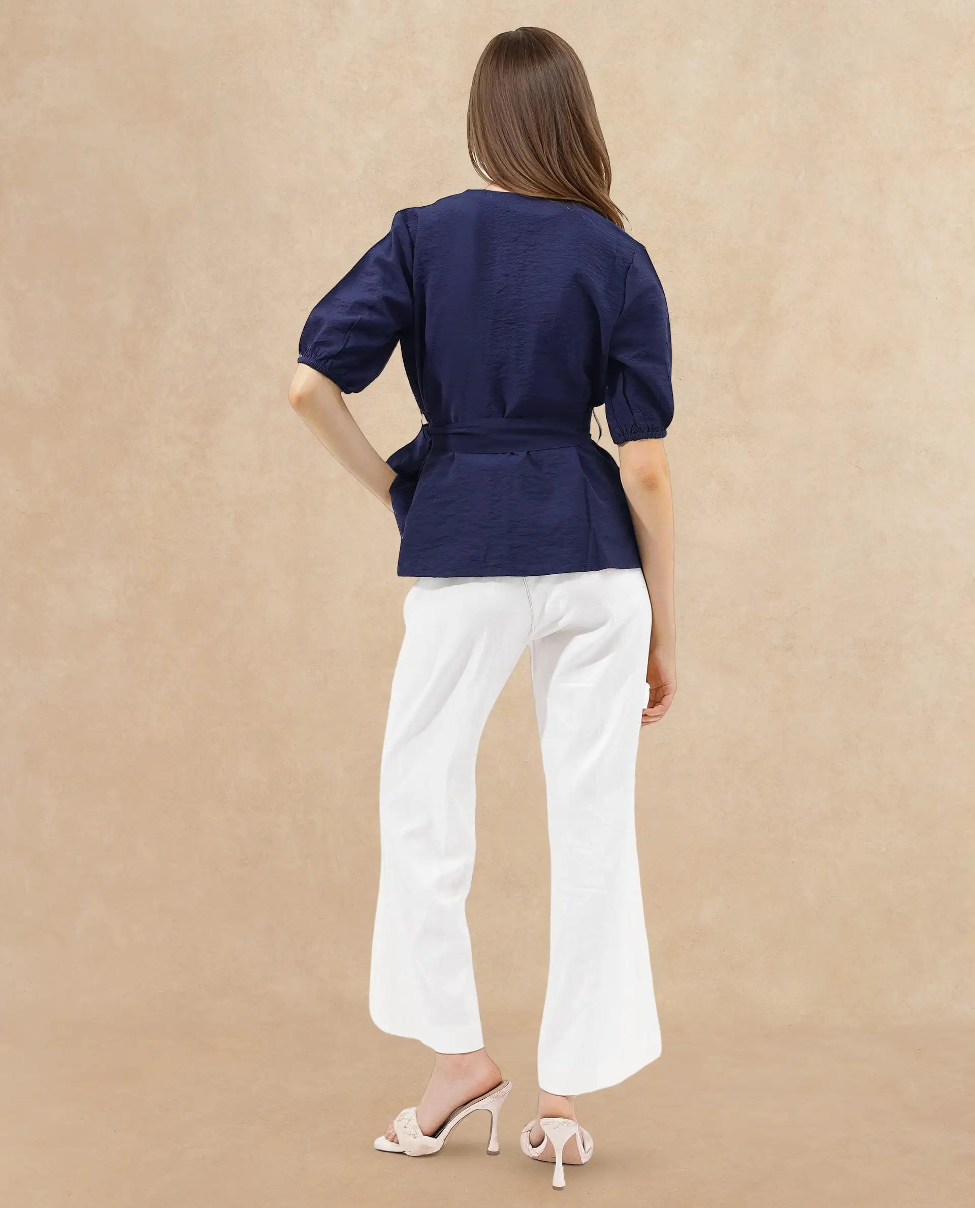 Rareism Women Hatten Navy Rayon Nylon Fabric Regular Sleeves V-Neck Solid Regular Length Top