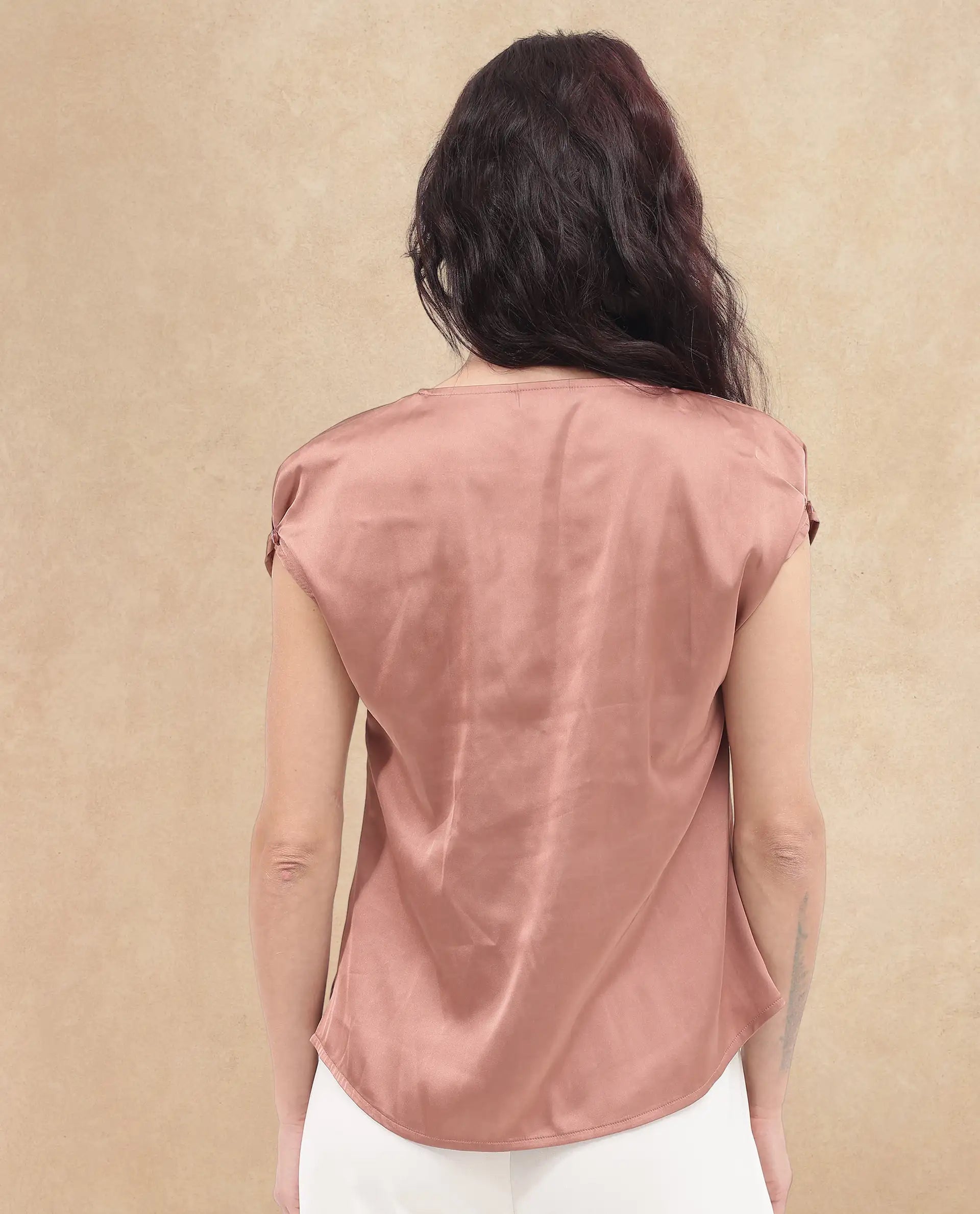 Rareism Women Hawter Brown Polyester Fabric Cap Sleeve Cowl Neck Solid Regular Length Top