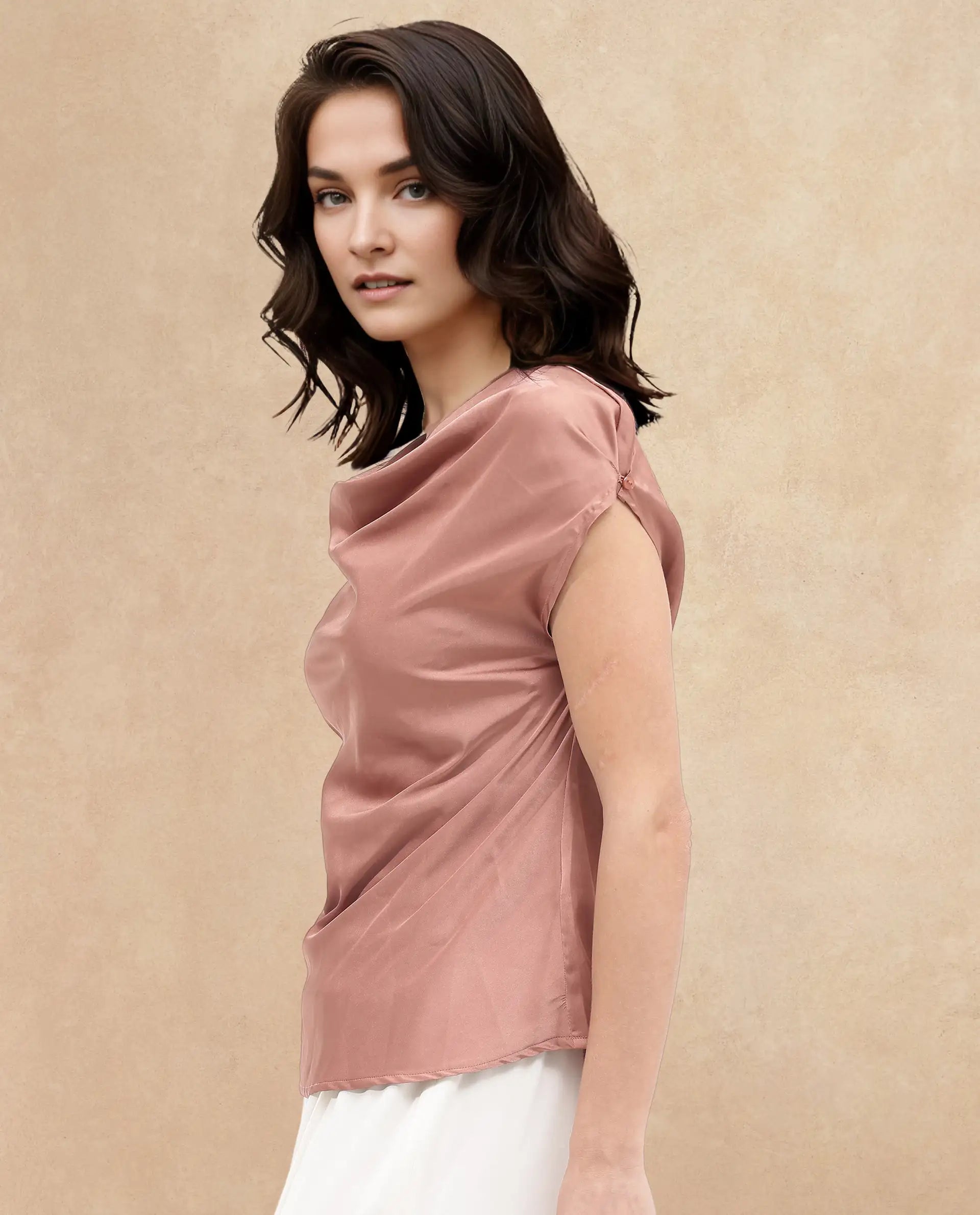 Rareism Women Hawter Brown Polyester Fabric Cap Sleeve Cowl Neck Solid Regular Length Top