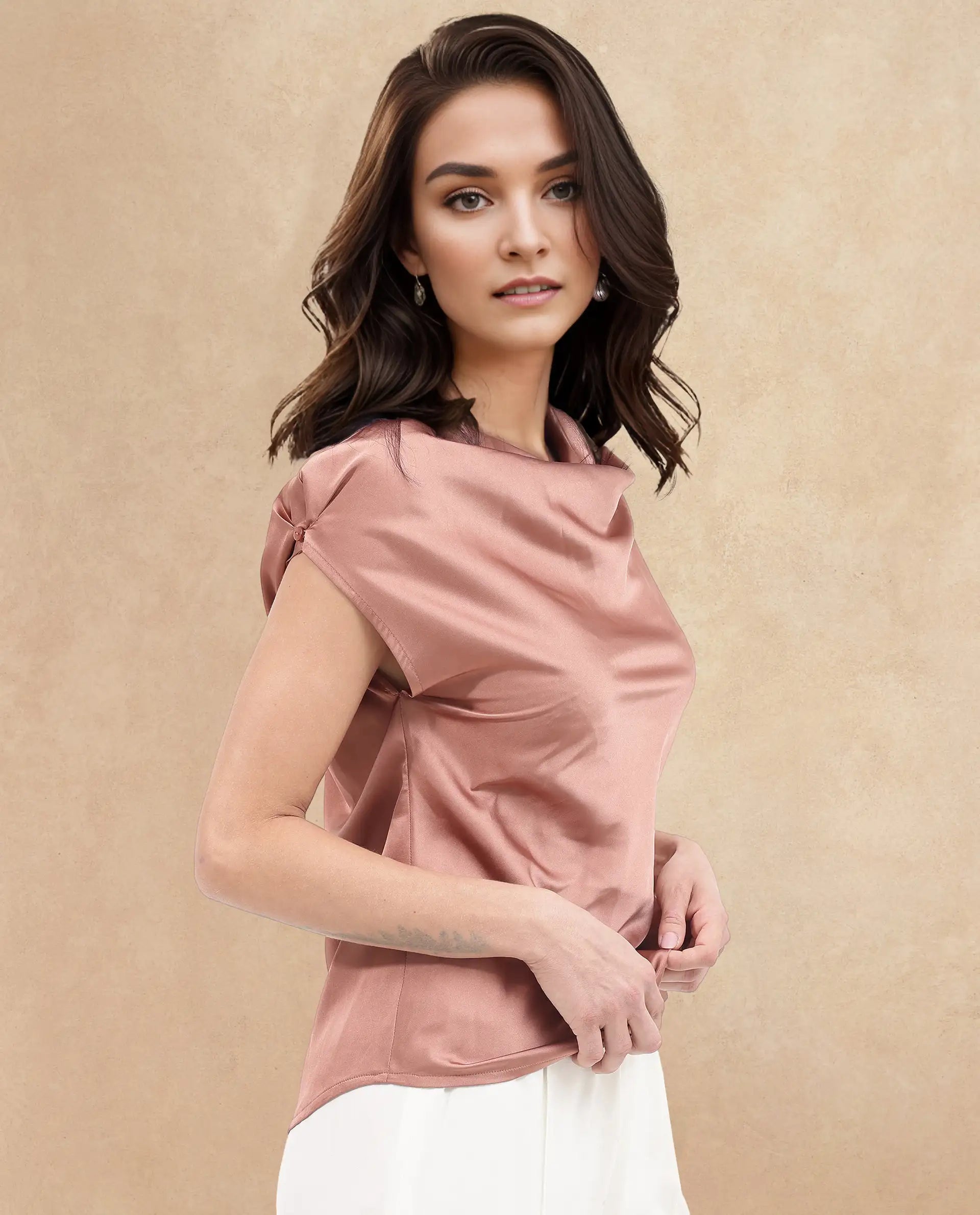 Rareism Women Hawter Brown Polyester Fabric Cap Sleeve Cowl Neck Solid Regular Length Top