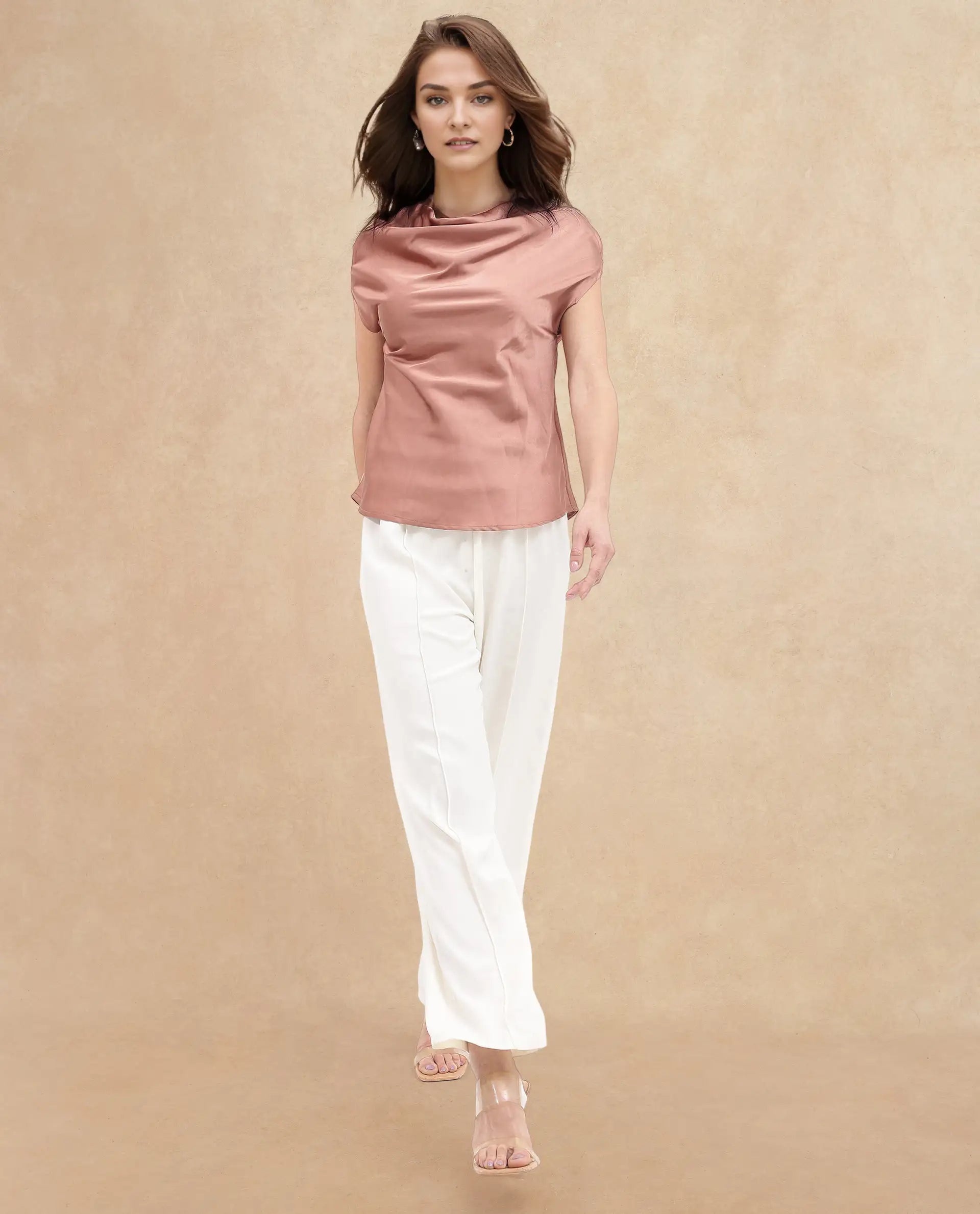 Rareism Women Hawter Brown Polyester Fabric Cap Sleeve Cowl Neck Solid Regular Length Top