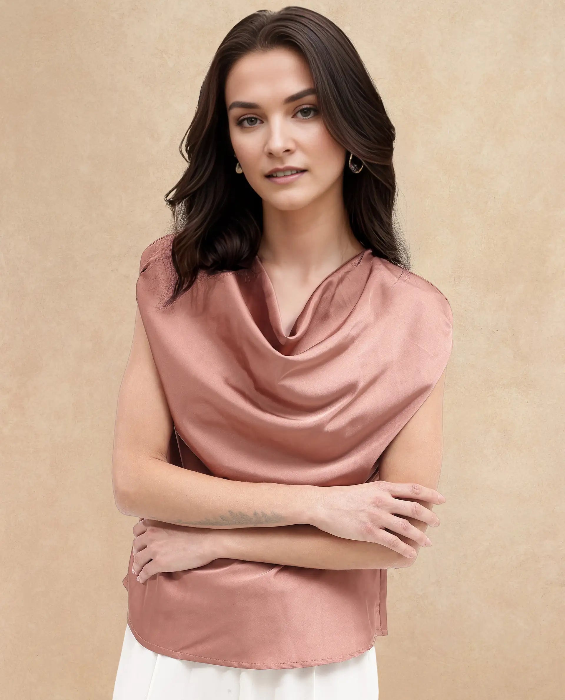 Rareism Women Hawter Brown Polyester Fabric Cap Sleeve Cowl Neck Solid Regular Length Top