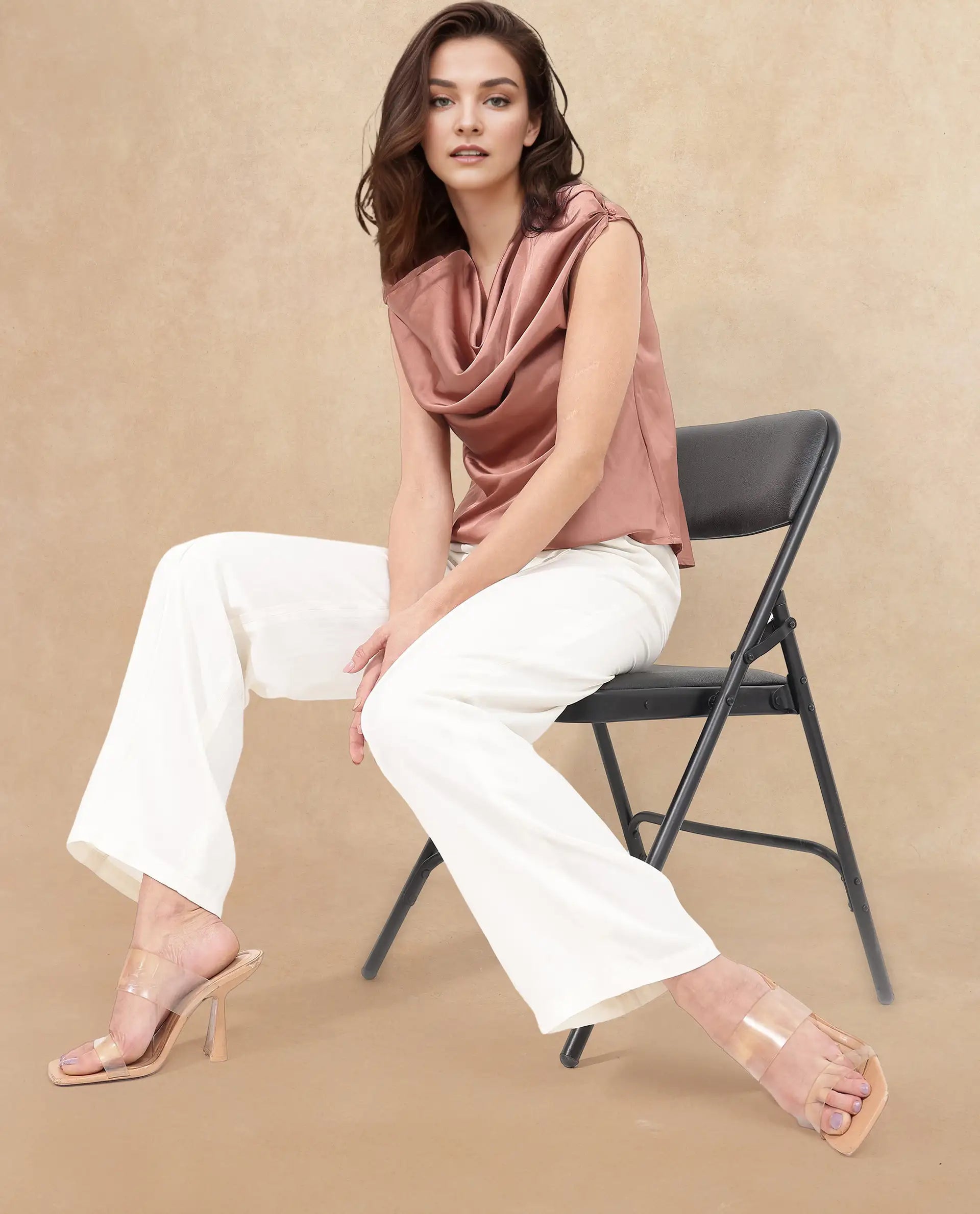 Rareism Women Hawter Brown Polyester Fabric Cap Sleeve Cowl Neck Solid Regular Length Top