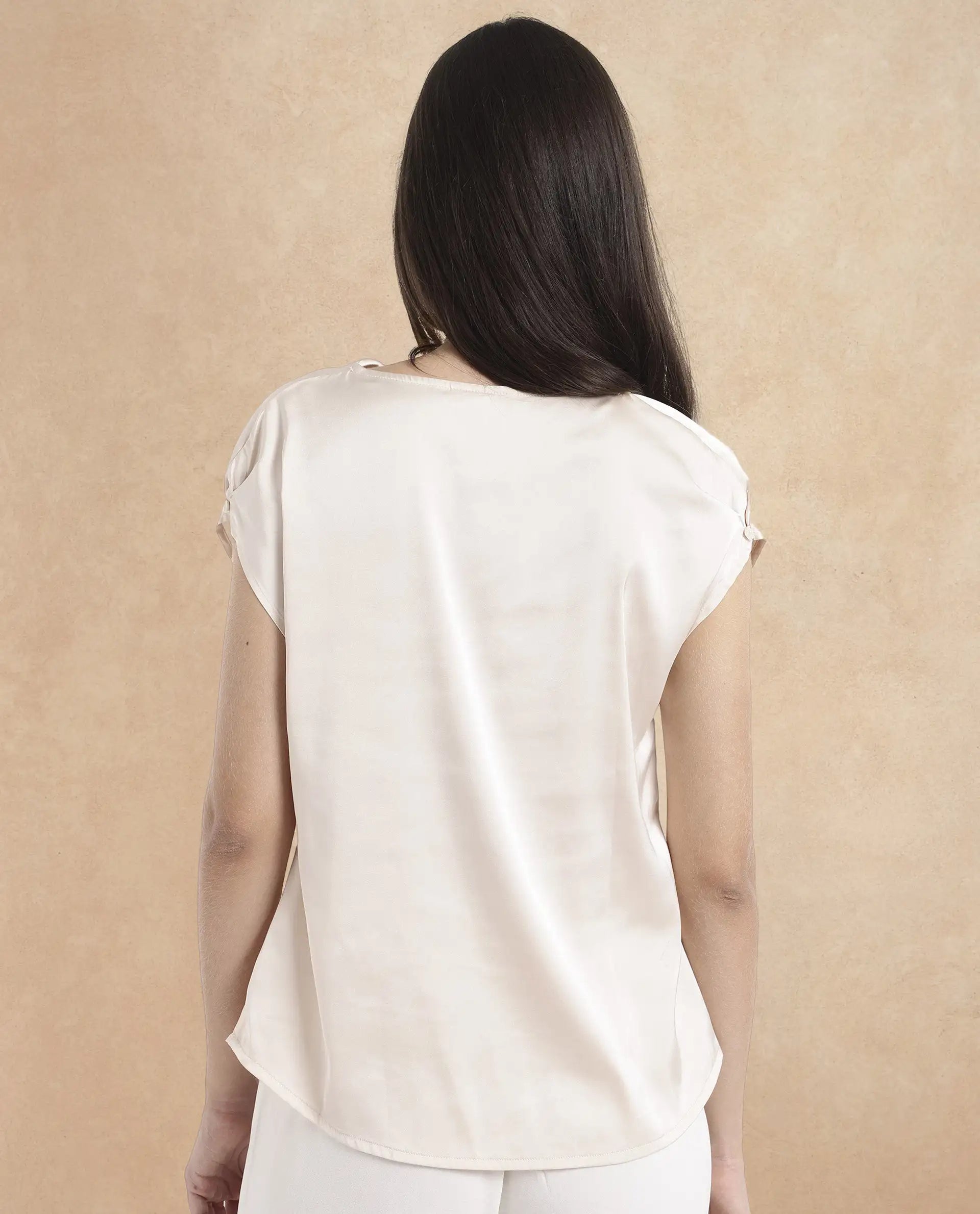 Rareism Women Hawter Beige Polyester Fabric Cap Sleeve Cowl Neck Solid Regular Length Top