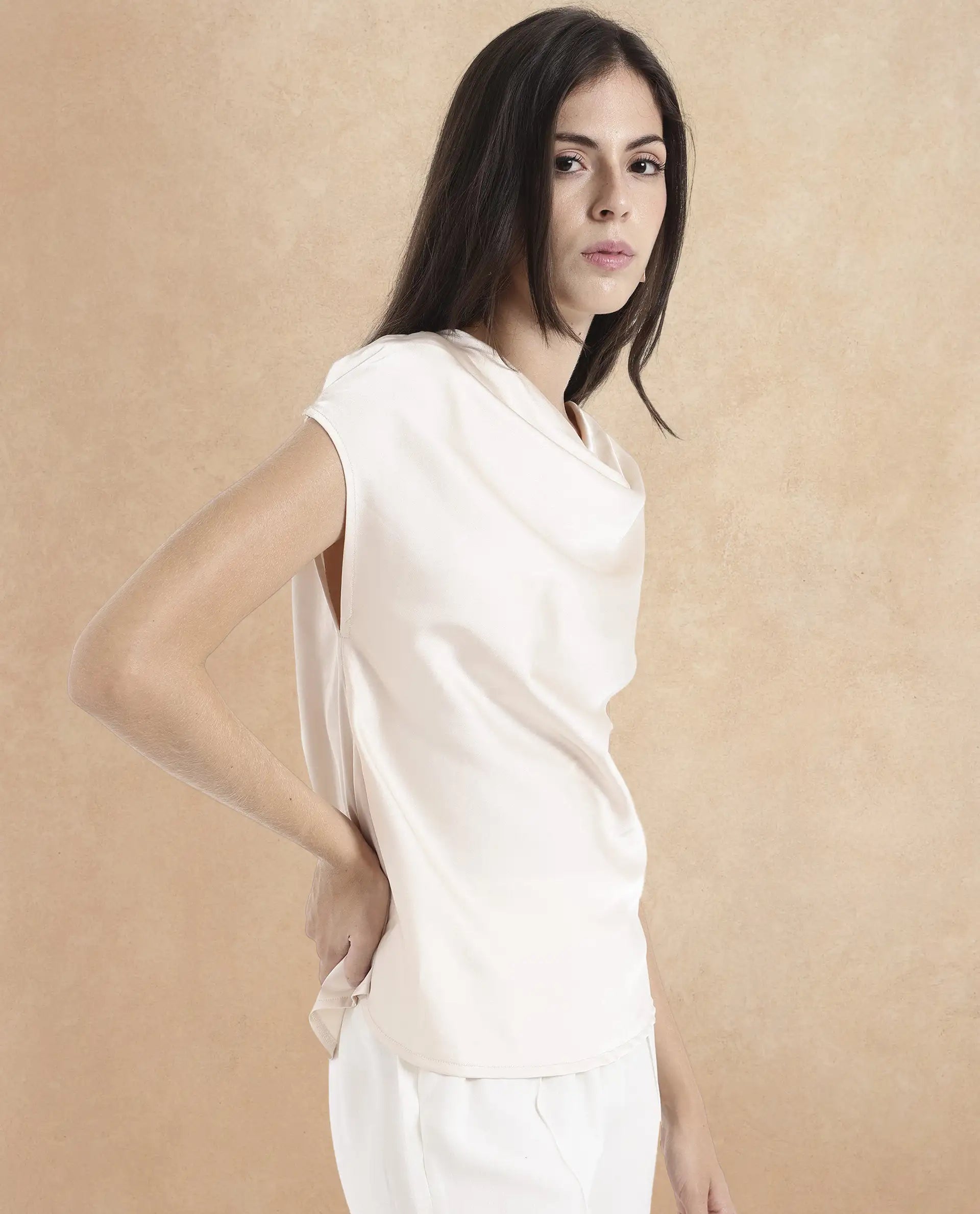 Rareism Women Hawter Beige Polyester Fabric Cap Sleeve Cowl Neck Solid Regular Length Top