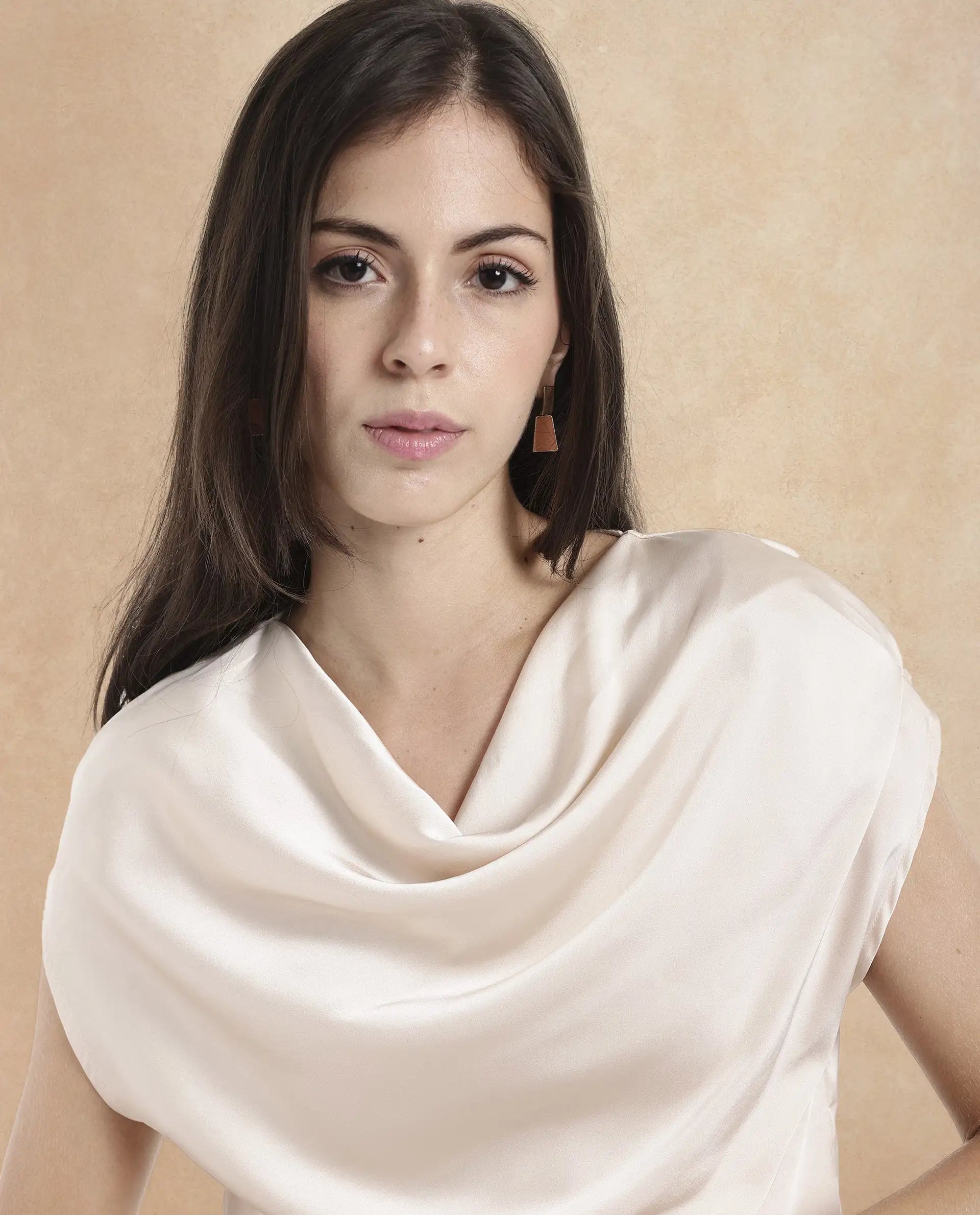 Rareism Women Hawter Beige Polyester Fabric Cap Sleeve Cowl Neck Solid Regular Length Top