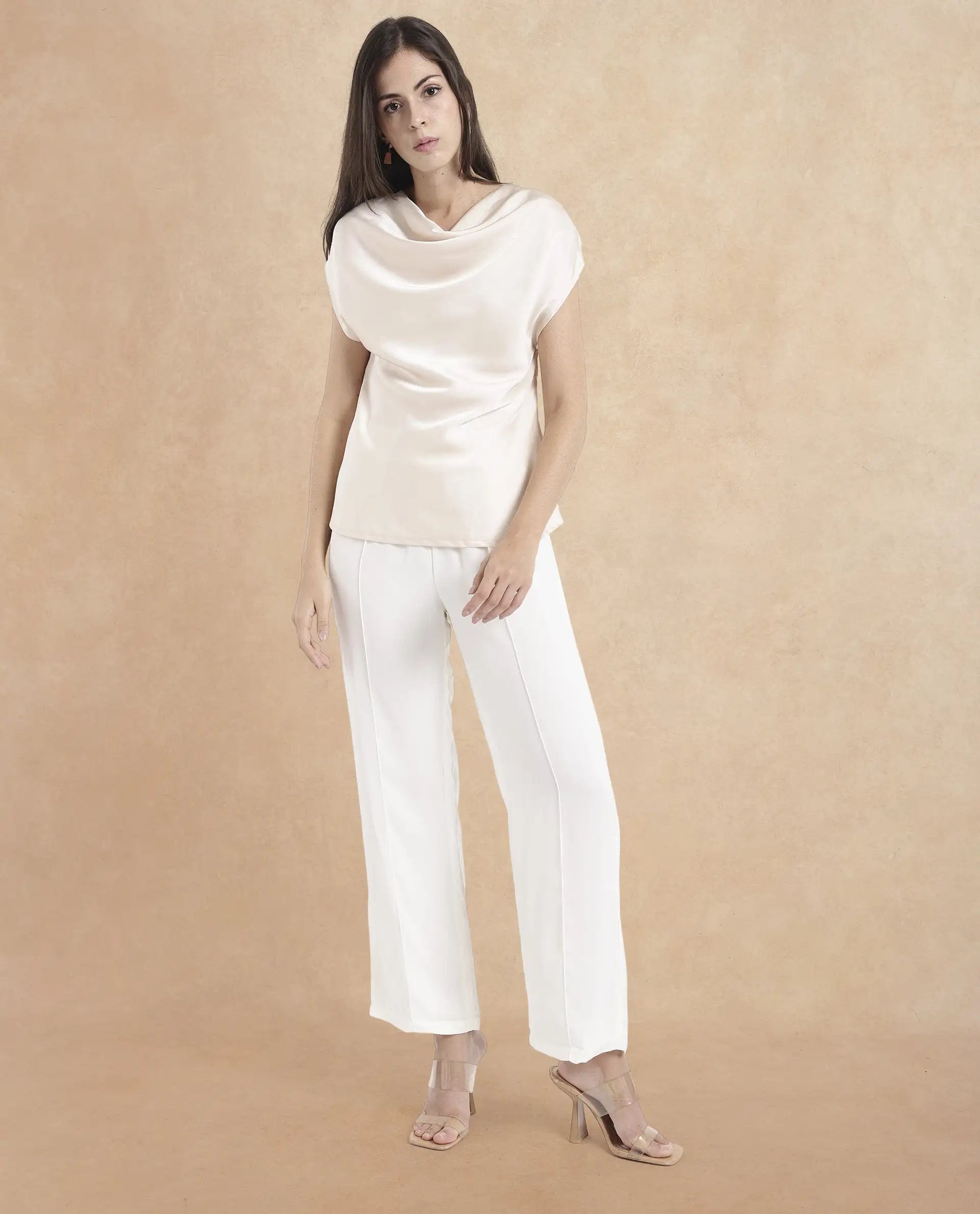 Rareism Women Hawter Beige Polyester Fabric Cap Sleeve Cowl Neck Solid Regular Length Top