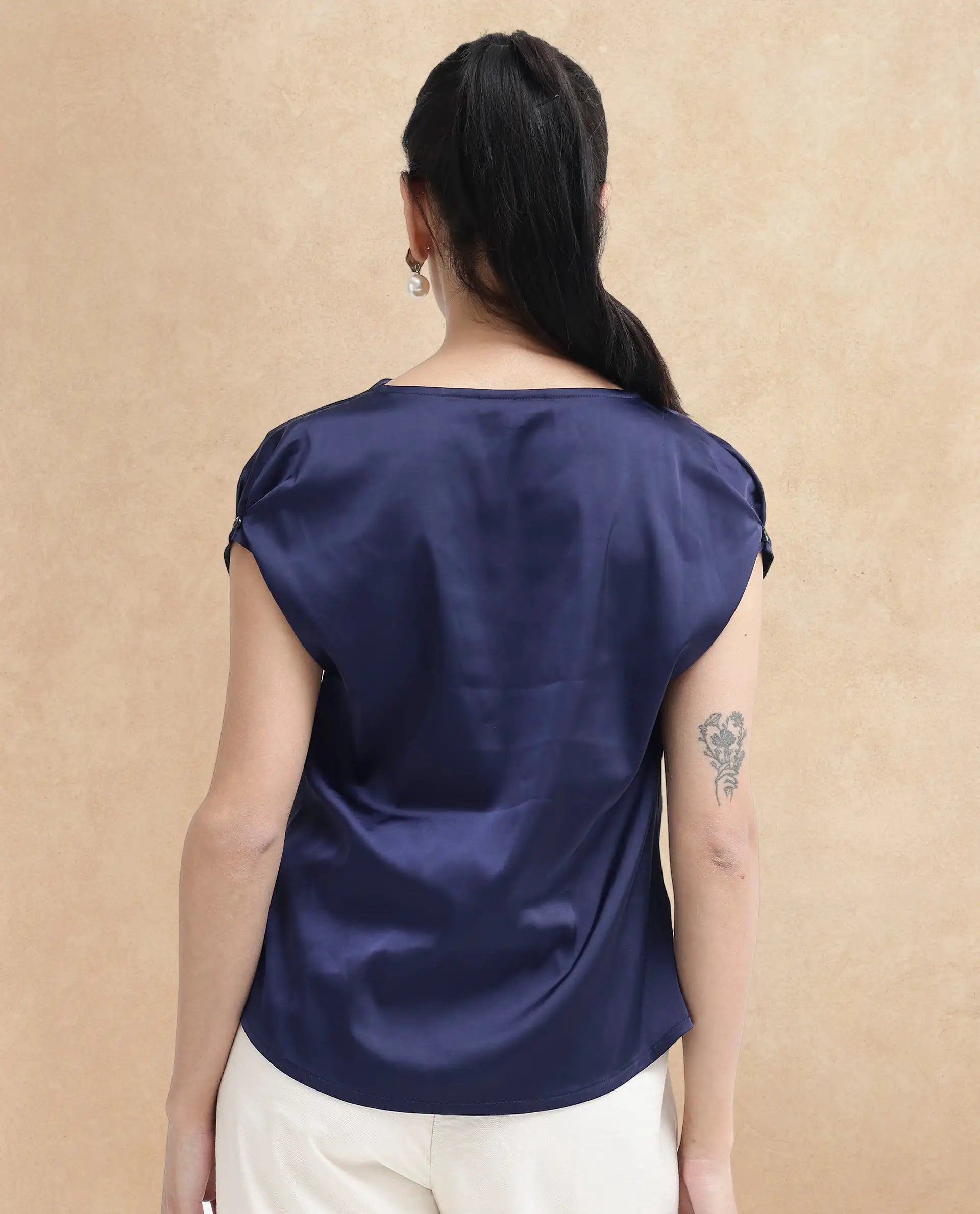 Rareism Women Hawter Navy Polyester Fabric Cap Sleeve Cowl Neck Solid Regular Length Top