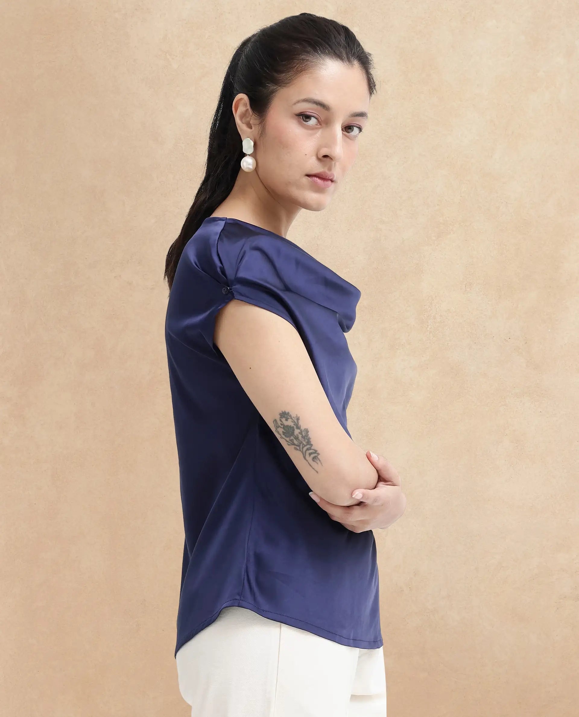 Rareism Women Hawter Navy Polyester Fabric Cap Sleeve Cowl Neck Solid Regular Length Top