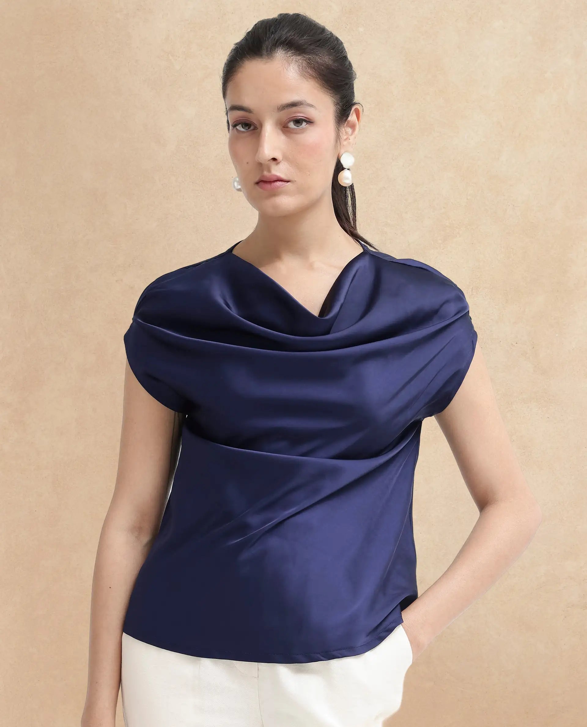 Rareism Women Hawter Navy Polyester Fabric Cap Sleeve Cowl Neck Solid Regular Length Top