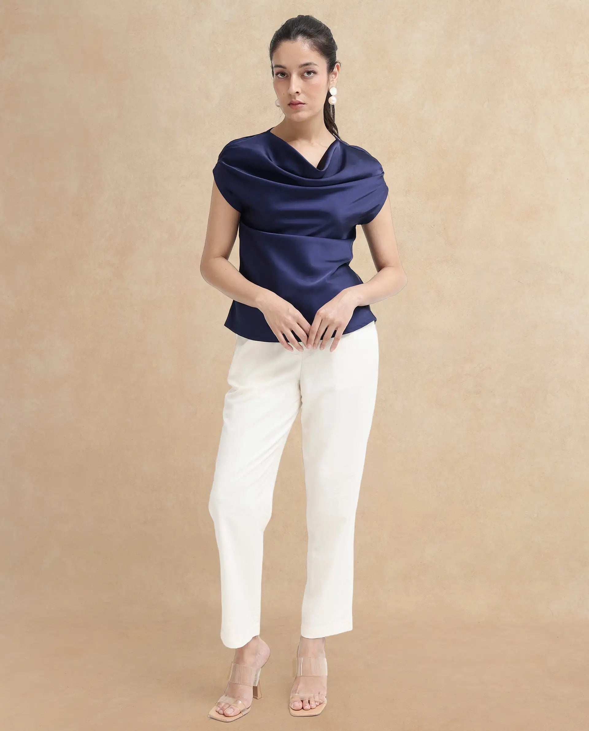 Rareism Women Hawter Navy Polyester Fabric Cap Sleeve Cowl Neck Solid Regular Length Top