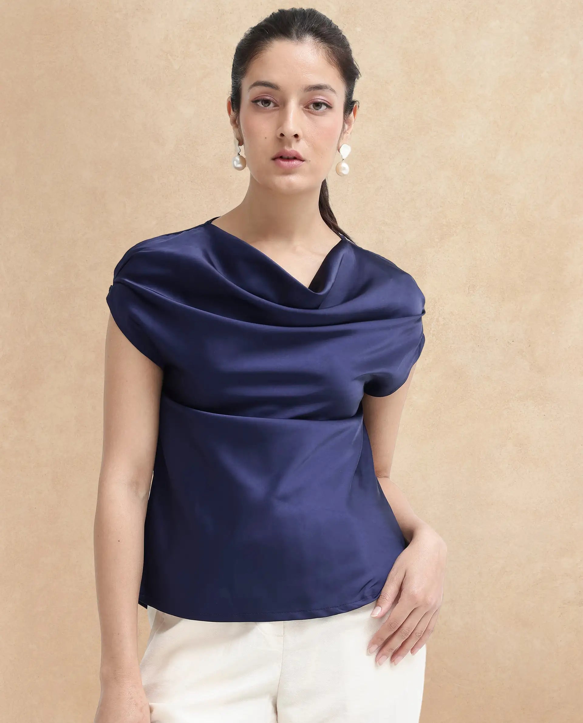 Rareism Women Hawter Navy Polyester Fabric Cap Sleeve Cowl Neck Solid Regular Length Top